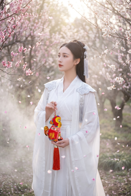 国风海报，绝色佳人，古装美人，身穿精致白色汉服，云纹肩饰，银色流苏发饰，手拿着参考图上的红色刺绣猴形香包，站在梅花林中，花瓣纷飞，朦胧水雾氛围，柔和柔光，摄影写实风格，色彩淡雅清新，细节丰富，高分辨率预览效果