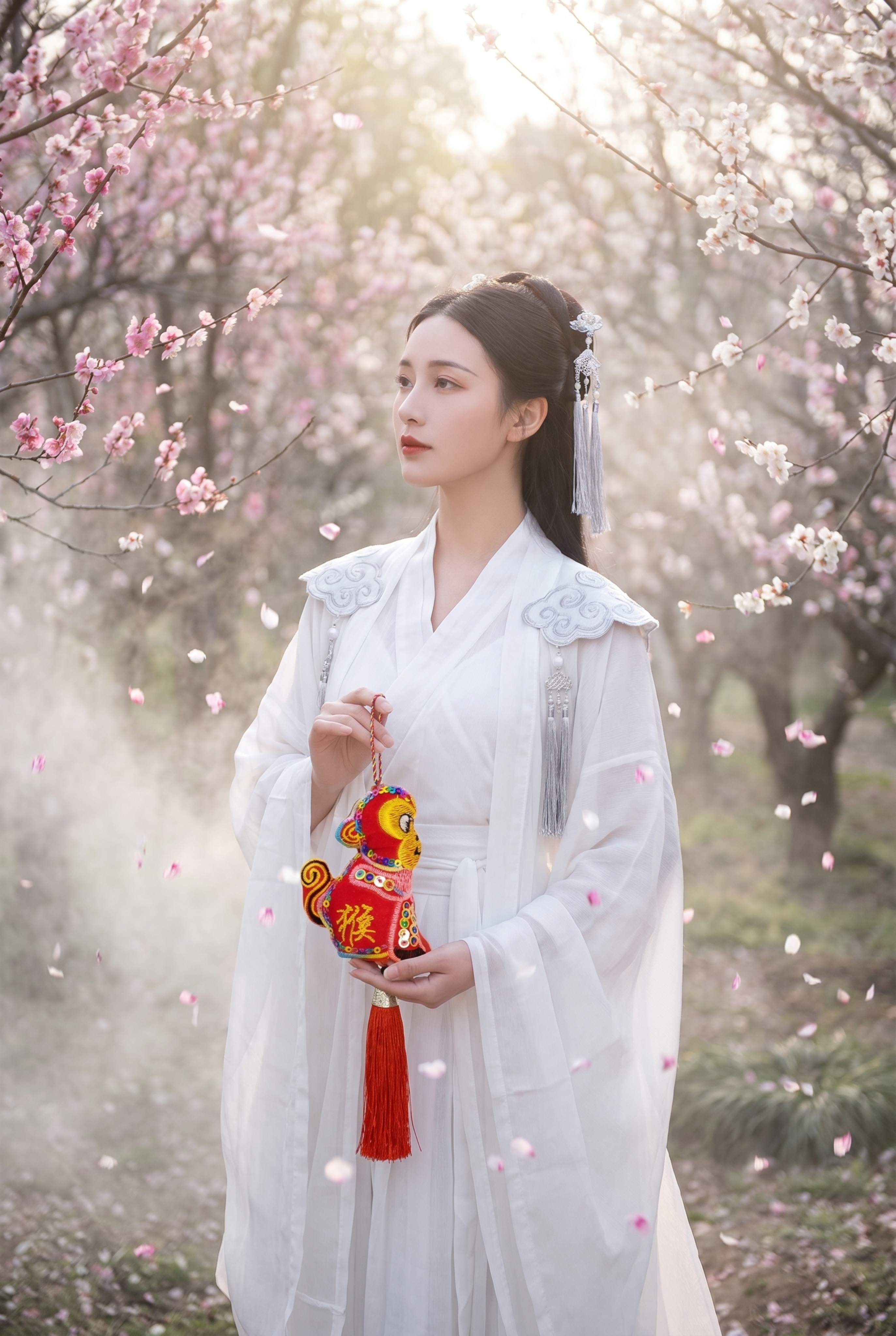 国风海报，绝色佳人，古装美人，身穿精致白色汉服，云纹肩饰，银色… - 图片创意预览