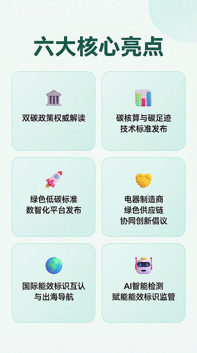 生成绿色低碳创新大会H5第二页，标题“六大核心亮点”，分六个模块展示：1双碳政策权威解读 2碳核算与碳足迹技术标准发布 3绿色低碳标准数智化平台发布 4电器制造商绿色供应链协同创新倡议 5国际能效标识互认与出海导航 6AI智能检测赋能能效标识监管，保持简约商务绿色风格，文字清晰排版工整，竖版手机尺寸