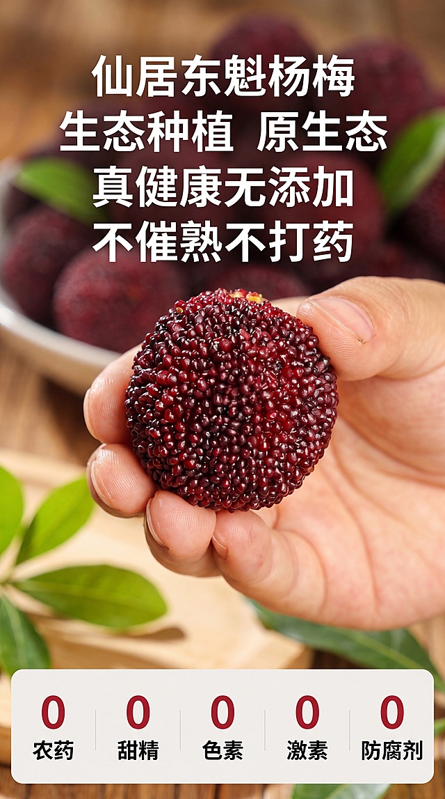 参考图设计，竖版分栏构图，上半部分为主体场景（手持杨梅特写），下半部分为信息对比栏（5 个 “0 添加” 模块），整体排版清晰，信息层级分明。主体是一只手握着一颗仙居东魁杨梅的特写，杨梅颗粒饱满、色泽深红透亮，背景虚化的杨梅果盘和绿叶，突出果实的原生态质感。背景为虚化的浅木色桌面、杨梅果盘和新鲜绿叶，营造原生态、无添加的田园氛围，背景柔和不抢主体。清新自然的电商食品摄影，暖调自然光，8K 高清画质，突出健康、安全的产品属性，适合详情页品质宣传。主色调为杨梅的深红色、木质的暖棕色、绿色和浅米色，色彩柔和温暖，传递天然、健康的视觉感受。顶部大字标题："仙居东魁杨梅 生态种植 原生态 真健康无添加 不催熟不打药"；底部信息栏：5 个模块，分别标注红色数字 "0"，下方对应文字 "农药""甜精""色素""激素""防腐剂"。杨梅表面颗粒纹理清晰，手的质感真实自然，背景虚化柔和，整体画面干净通透，突出仙居东魁杨梅的生态种植与无添加优势。