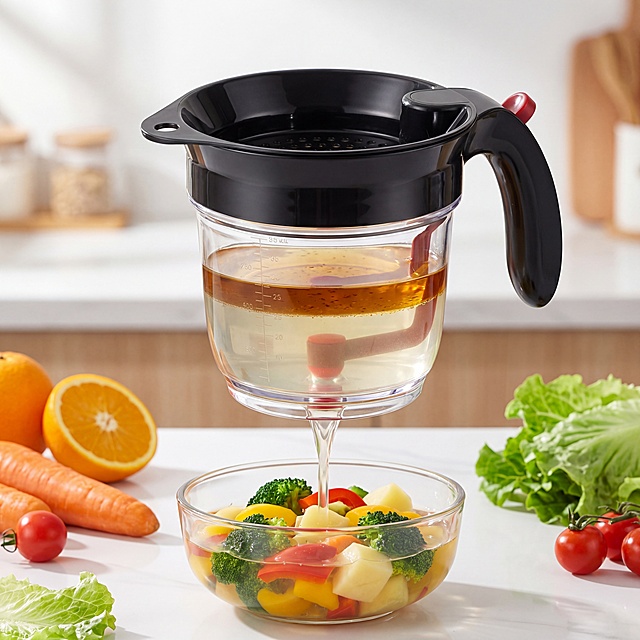 电商产品宣传图，主体是透明玻璃油脂分离器（汤油分离器），带有黑色把手和顶盖，容器内装有分层的油和汤，底部正往下方的玻璃碗里注入浅色清汤，碗里装有西兰花、彩椒、土豆等蔬菜。场景设定：明亮干净的现代厨房台面，背景虚化，台面上散落着新鲜食材（胡萝卜、橙子片、小番茄、生菜），整体氛围干净清爽、有食欲。风格参考：写实电商产品摄影，高清晰度，商业广告风，细节丰富，有光泽感，质感真实。色彩色调：明亮清新的暖色调，以白色、透明玻璃的清透感为主，搭配食物的鲜亮色彩，整体干净通透，光线柔和均匀。附加细节：产品玻璃上有刻度线，水流自然顺滑，背景轻微虚化突出主体，无多余杂物，画面干净整洁，有商业广告的精致感，光影柔和，无明显阴影，色彩饱和度适中，突出产品实用性与质感。