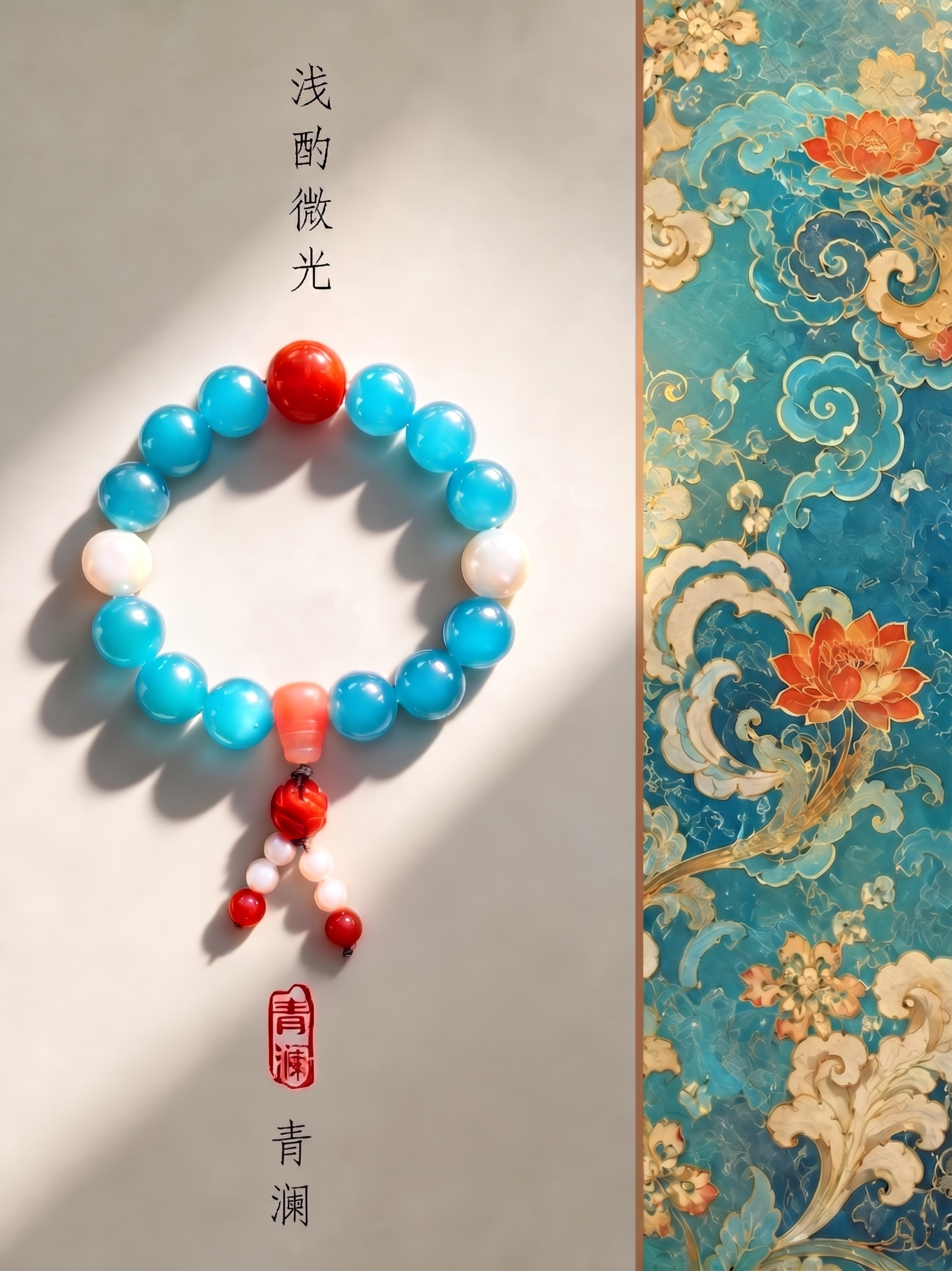 保留原图片的光束光照光影效果，将手串左侧背景板调整为米白色，比… - 图片创意预览