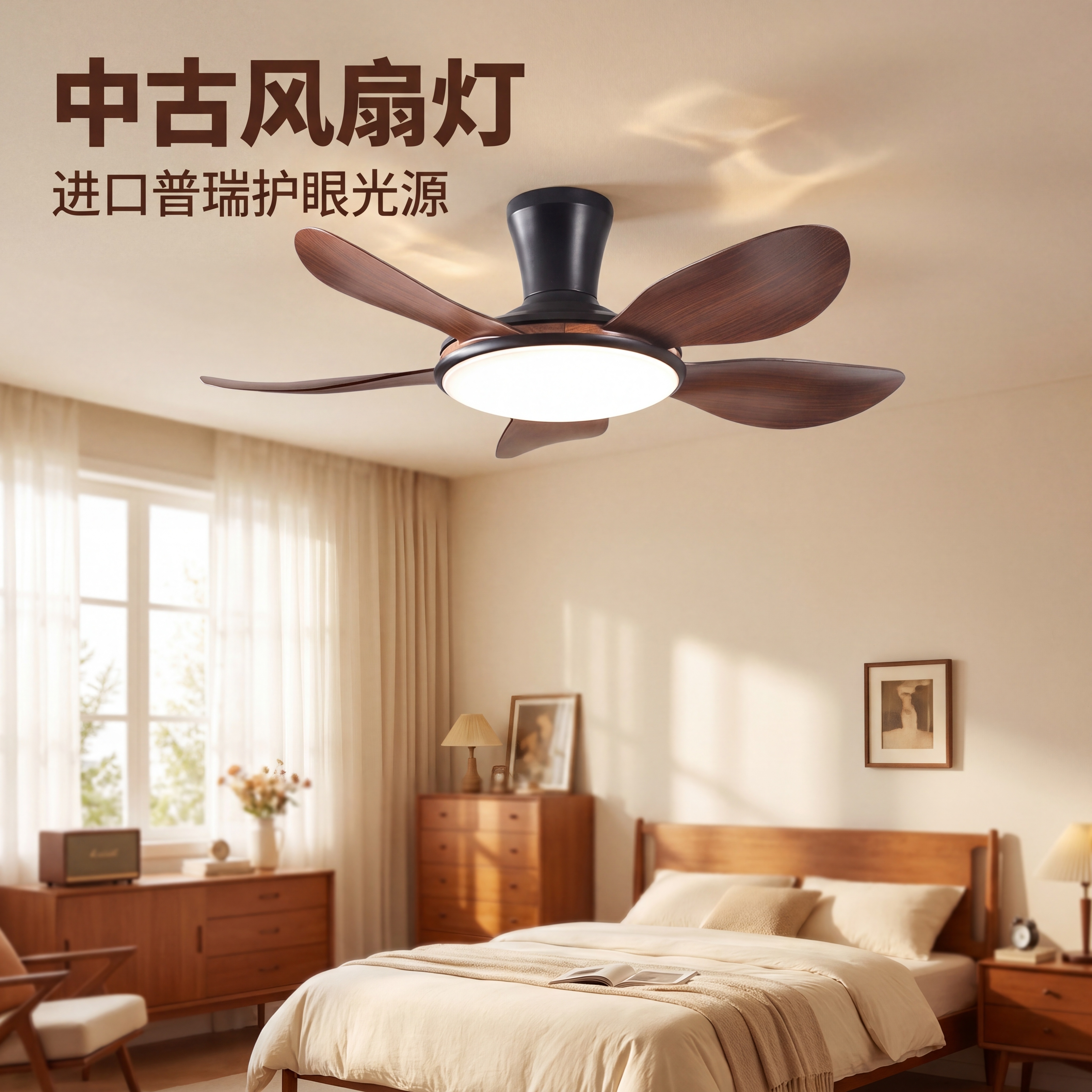[主图 1] 中古风扇灯卧室开灯氛围首图。[氛围风格] 明亮温… - 图片创意预览