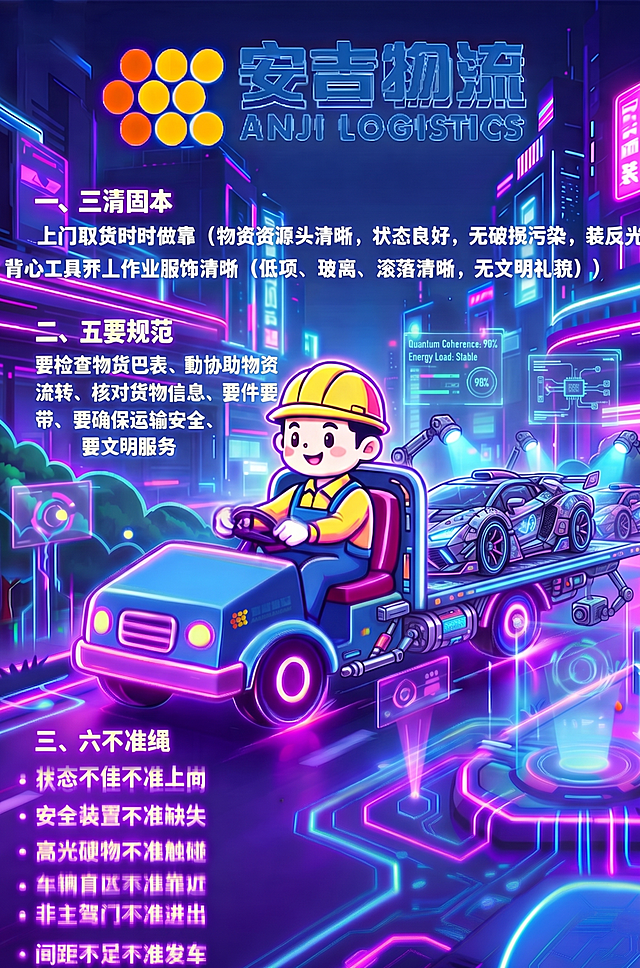 把拖车上运输的汽车部分修改得更帅更炫酷，保持赛博霓虹风格，增加更多科技光效和未来机械感，不改动图片中其他文案和设计元素