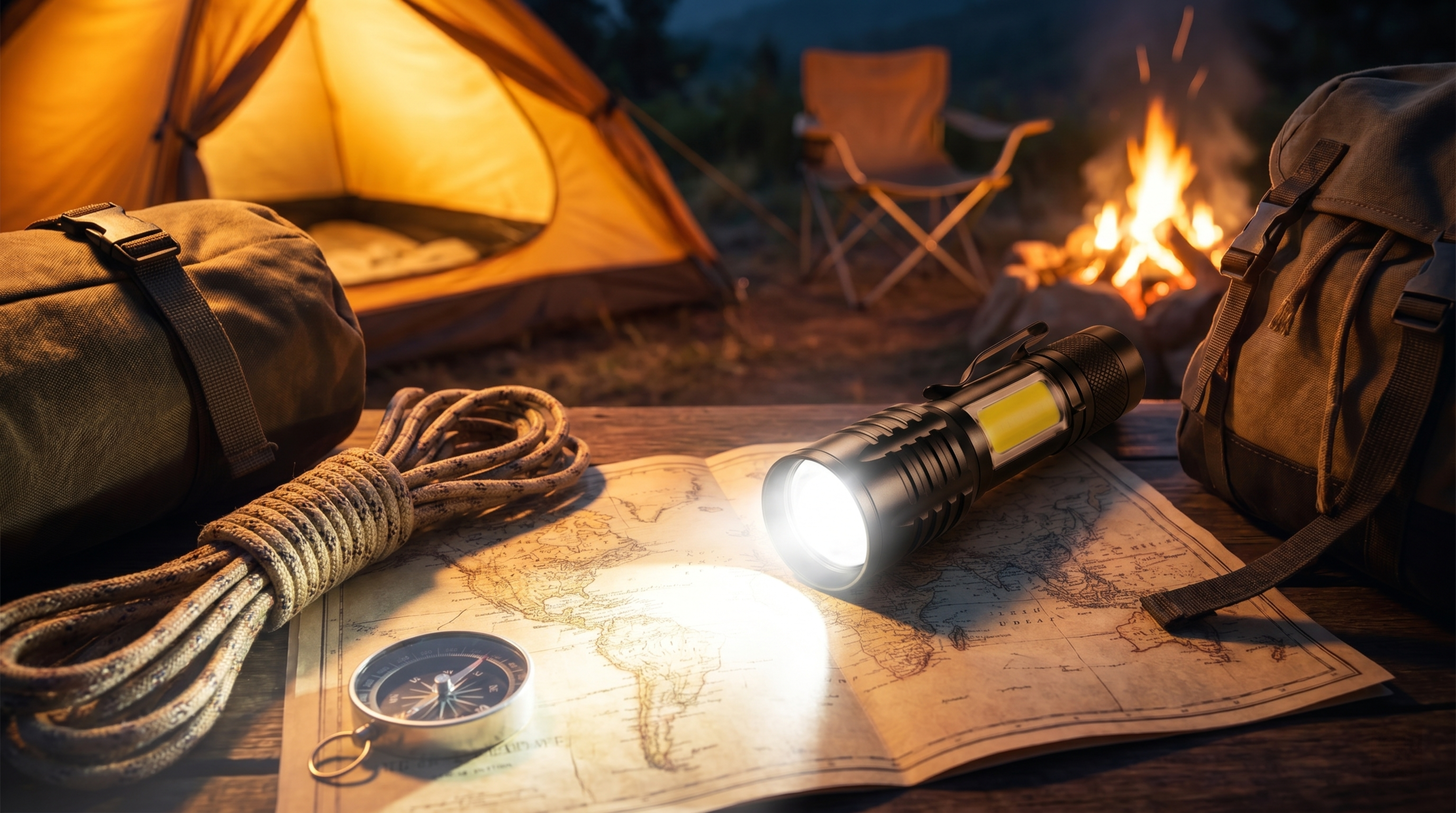 将图三的黑色手电筒生成和图一风格类似的户外露营场景展示图，放在… - 图片创意预览