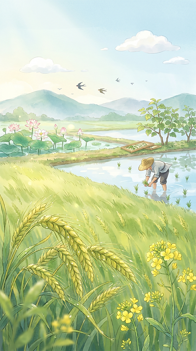 竖版小满节气插画海报，治愈系国风田园动画插画，水彩手绘质感，笔触柔和朦胧，线条圆润无尖锐感，低对比度清新马卡龙色调，整体明亮通透，暖金色的初夏晨光从画面上方洒下，柔光漫射无硬阴影，光线透过植物形成柔和光斑，叶片和水面有通透的光感，整体氛围宁静祥和。前景是低垂的、灌浆饱满的青黄色麦穗，麦穗带着晶莹的晨露，在微风中轻轻晃动，搭配几株开着明黄色小花的鲜嫩苦菜，前景的枝叶有轻微虚化，营造空间纵深感。中景是大片的青绿麦田，麦浪在初夏的微风中轻轻起伏，被晨光染成柔和的暖调；麦田旁是镜面般清澈的水田，水面倒映着淡蓝色的天空与白云，水田里，一位戴着竹编斗笠的农夫正弯腰插秧，衣摆被微风轻轻吹起，动作柔和自然；田埂边放着一个竹编蚕匾，旁边几株嫩桑树枝叶舒展；不远处的浅塘里，几株初绽的粉白荷花立在翠绿的荷叶间，荷叶上滚动着晨露。远景是朦胧的青黛色远山，淡蓝色的天空飘着几朵蓬松的白色云朵，几只燕子低空掠过天际，画面干净整洁，无任何文字，无多余杂物，细节丰富，参考图为治愈系国风水彩田园风格