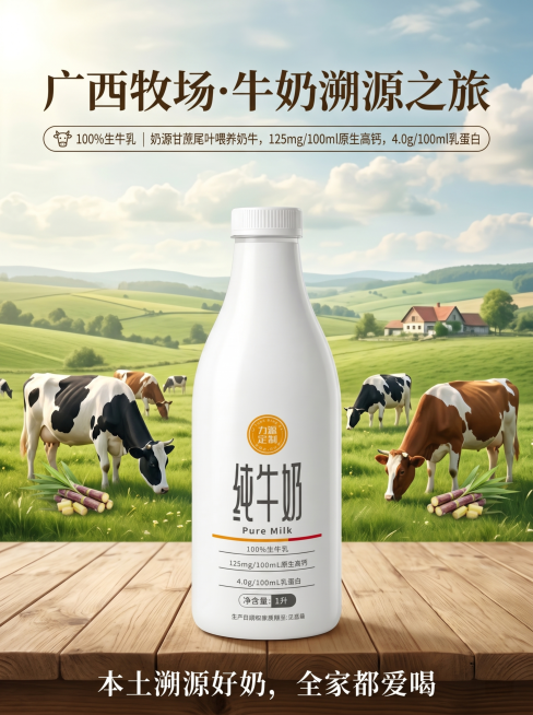 广西牧场牛奶溯源之旅主题海报，将产品纯牛奶瓶放在画面中心位置，背景是开阔的广西绿色牧场风光，展示奶牛养殖场景。海报顶部大标题："广西牧场·牛奶溯源之旅"，列出卖点文字："100%生牛乳 | 奶源甘蔗尾预览效果