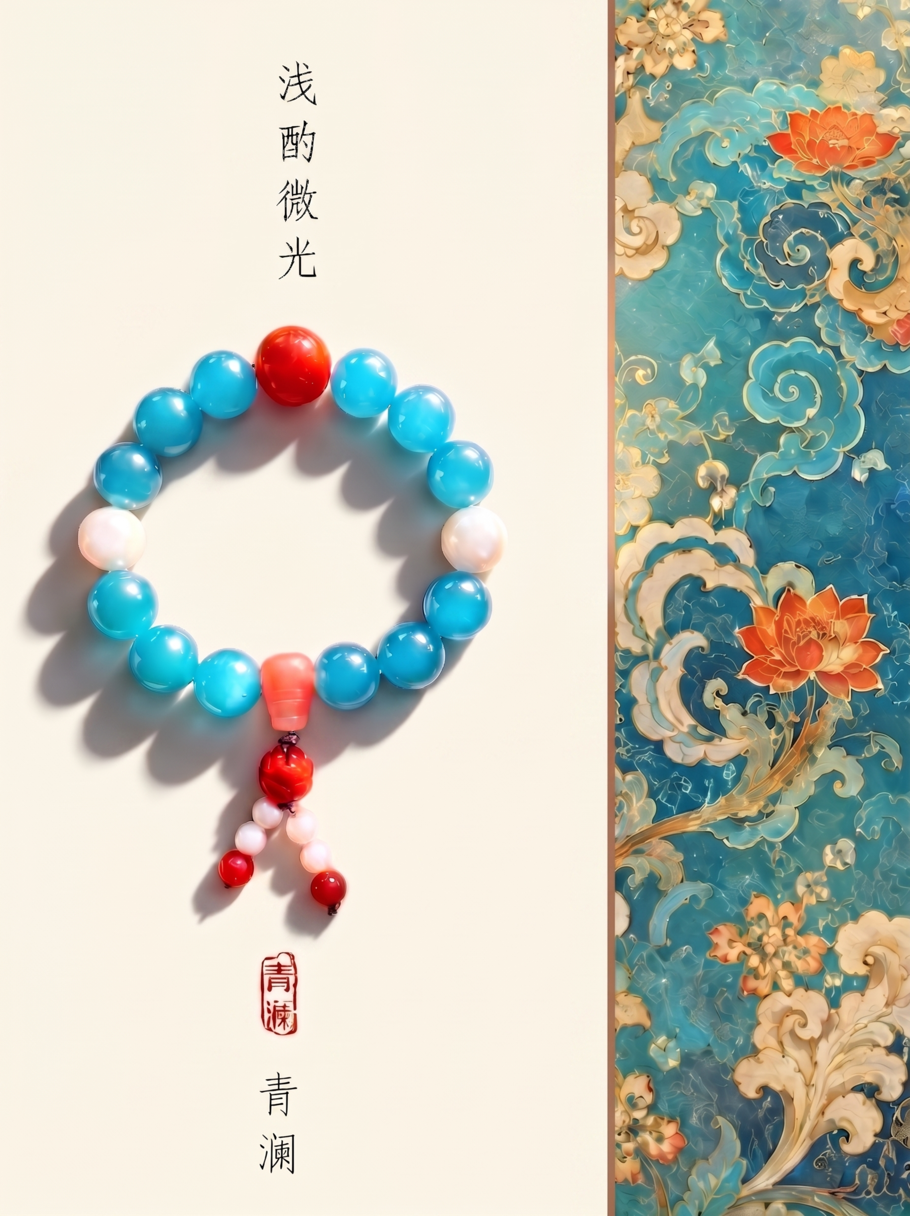 将手串左侧的浅色背景板调整为米白色，保持手串、文字、右侧装饰和… - 图片创意预览