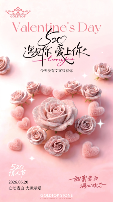 将图一中所有剩余的白色玫瑰花花瓣都替换成粉色大理石纹理，和中间主花的粉色纹路保持一致，保留原海报整体布局、所有文字和背景，维持整体构图和光影效果不变预览效果