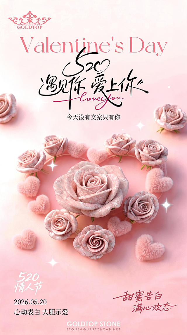 将图一中所有剩余的白色玫瑰花花瓣都替换成粉色大理石纹理，和中间主花的粉色纹路保持一致，保留原海报整体布局、所有文字和背景，维持整体构图和光影效果不变