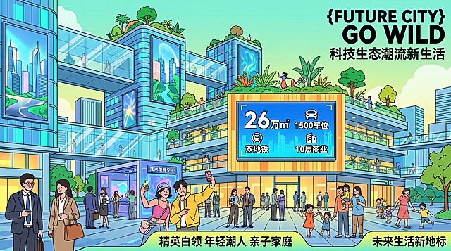 商业地产宣传海报，视觉风格是科技感、自然生态、潮流活力、高端质感，场景包含连桥、LED大屏、绿植、策展空间、空中露台，面向精英白领、年轻潮人、亲子家庭，标注关键数据26万㎡、1500车位、双地铁、10层商业，参考图中的扁平插画风和活力排版