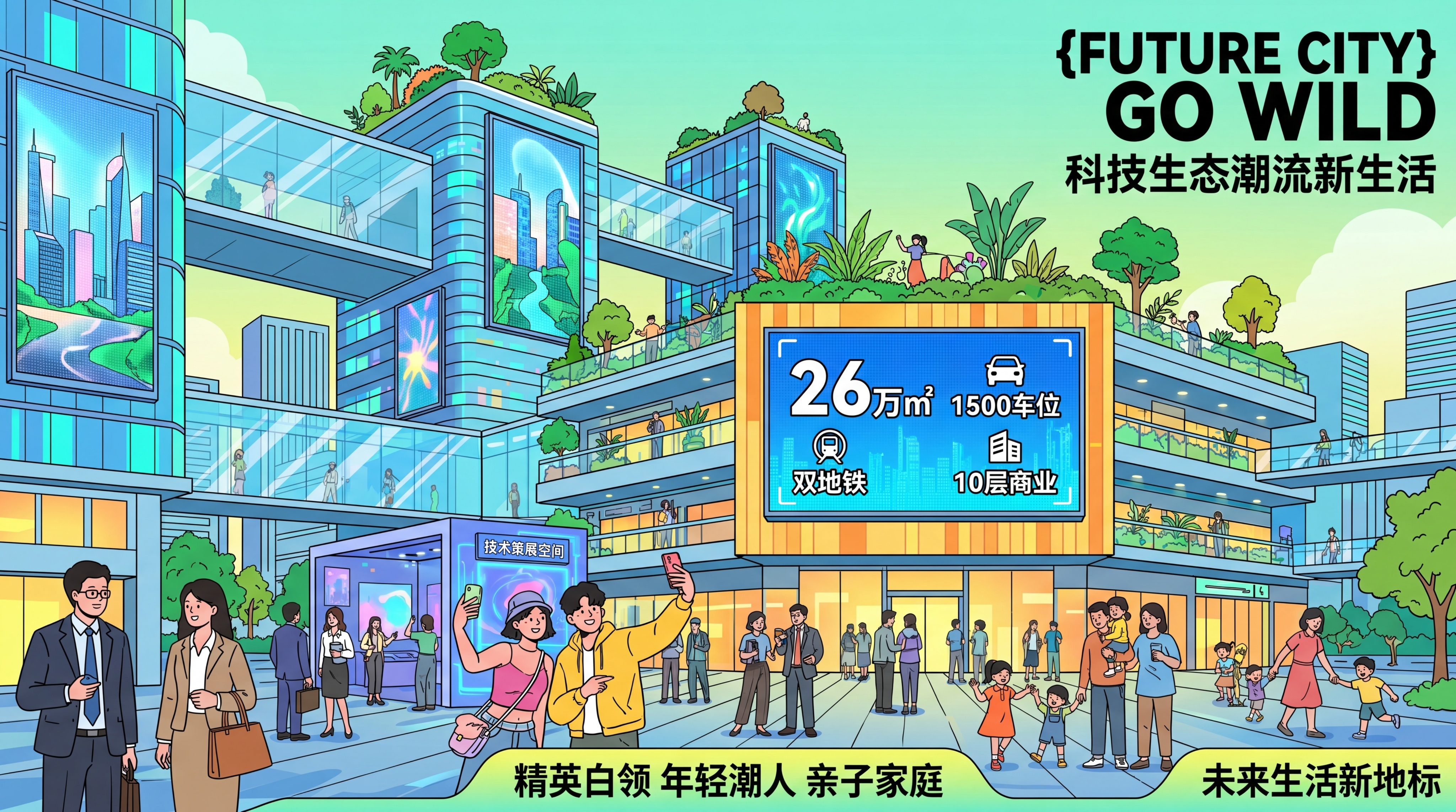 商业地产宣传海报，视觉风格是科技感、自然生态、潮流活力、高端质… - 图片创意预览