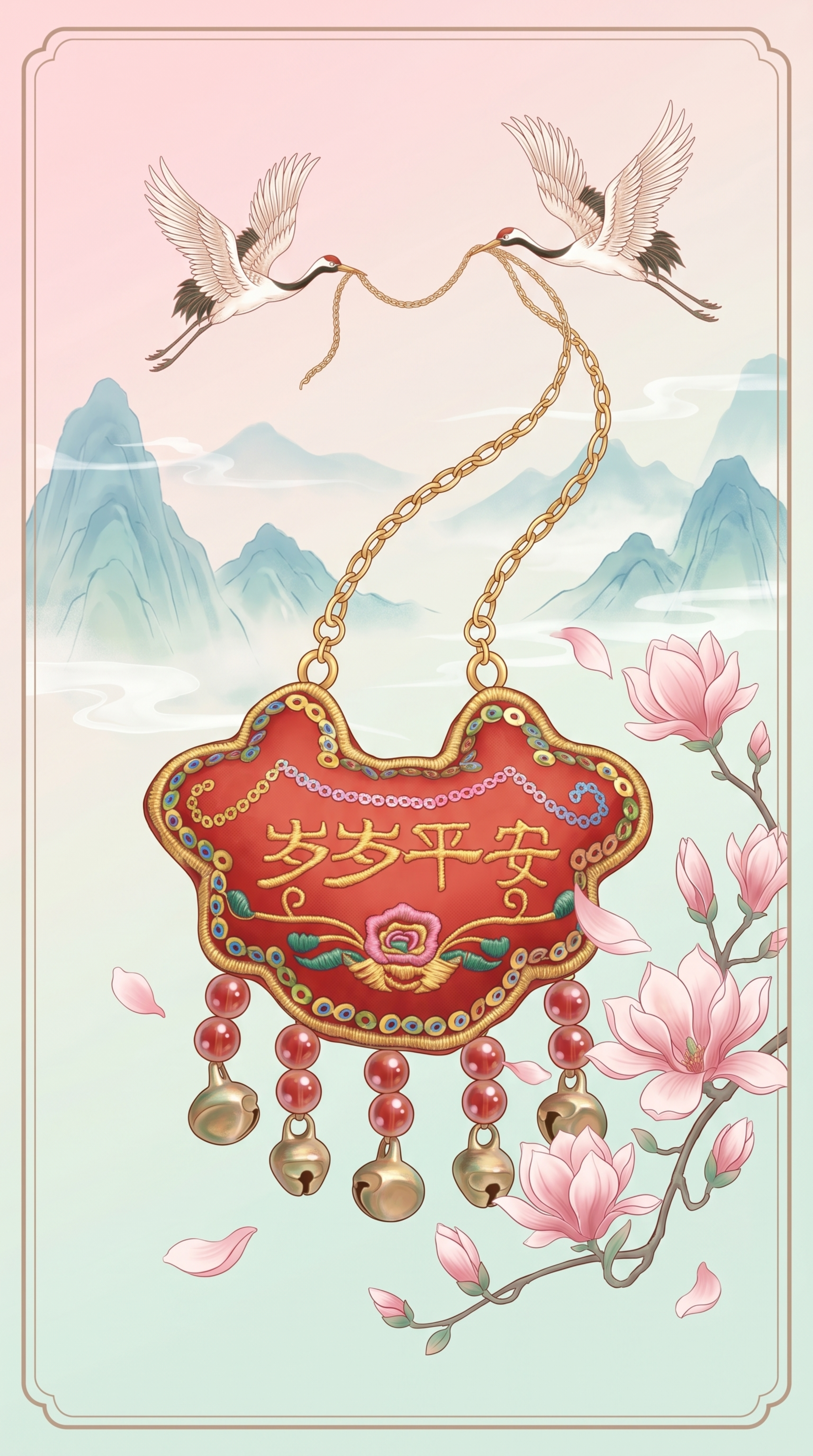 国风新中式珠宝海报，画面主体是一枚绣花的百岁锁，背景为淡粉与浅… - 图片创意预览