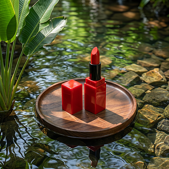 口红，严格参照上传产品图https://gdesign-dam-hz.dancf.com/36529009672182845/5543962969504f8f9167e2a7a33f45a9.png，完整保留所有可见组件、部件、轮廓形状、结构、比例、材质质感、颜色与上传图完全一致；自然融入场景光影，与场景共处同一物理空间。
户外水面溪边场景，保留参考图https://1.jpg自然清新绿色调。
产品放置在圆形木质托盘上，侧逆光来自前方水面，产品受光面泛起自然绿色光晕，暗部映射暖棕色阴影，与环境物理融合。
产品居中特写构图，水面微动涟漪，自然清新氛围。
相对参考图视角偏转20度微俯视角。
全量换款清单：①承载托盘：参考图圆形浅原木托盘 → 生成图圆形深胡桃木托盘，同为木质；②前景绿植：参考图左侧蕨类叶片 → 生成图左侧旅人蕉叶片，同为绿植；③背景石头：参考图圆润鹅卵石 → 生成图棱角溪石，同为石材质；④瓶盖：参考图圆柱形木质开盖 → 生成图方形红色开盖，同为开盖放置；消除品牌文字。4K分辨率，严格锁定宽高比为1:1，参考相似度50%