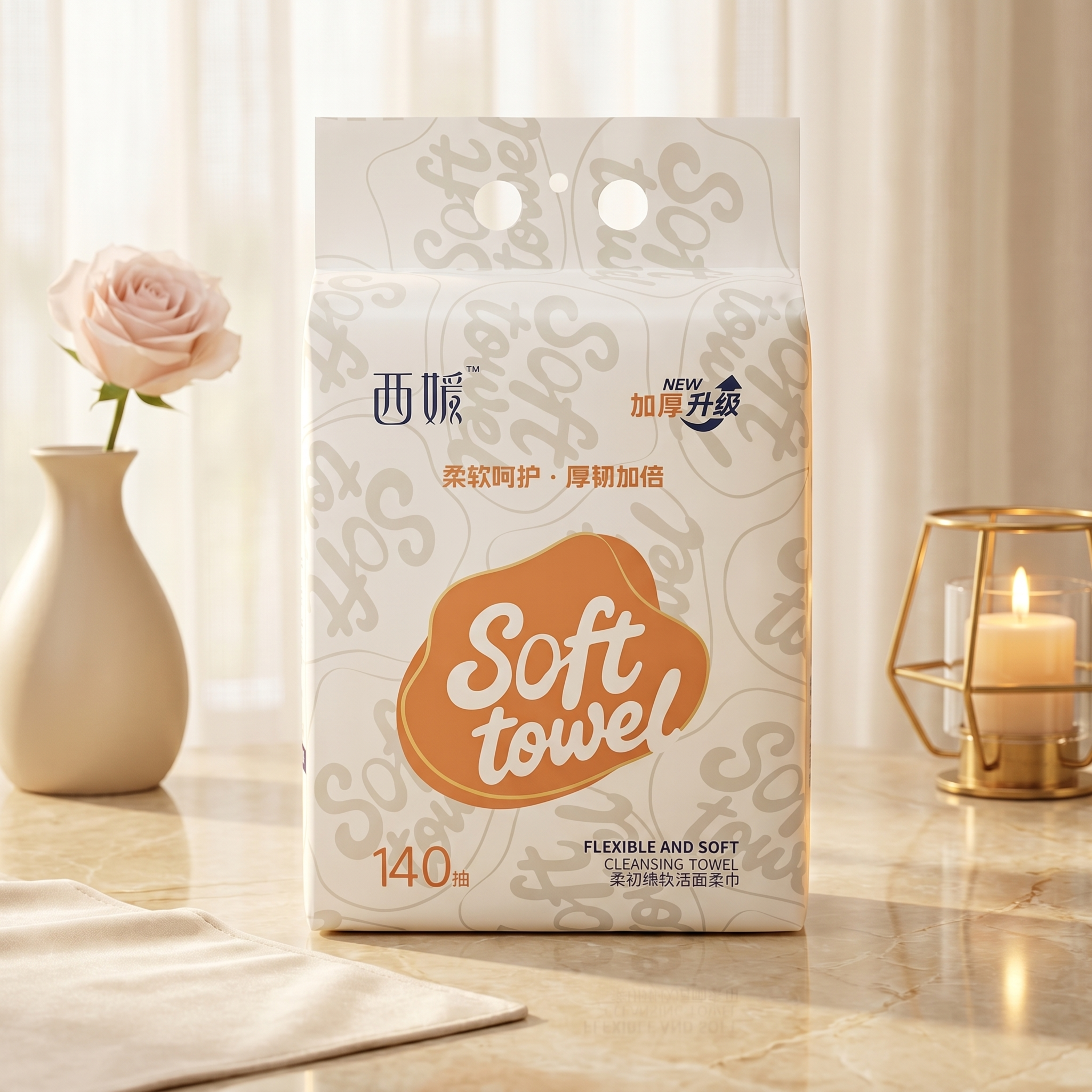 商业级产品摄影。 主体：洁面柔巾包装产品占画面60%~70%，… - 图片创意预览