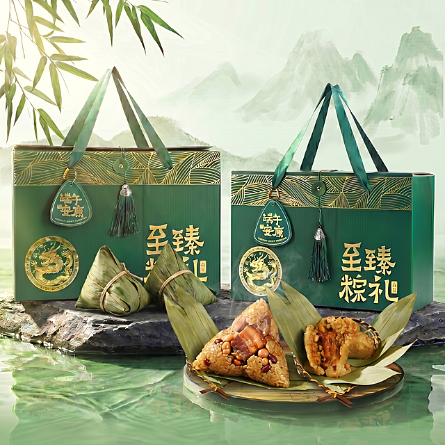 在岩石台面上添加两个包好的粽子（粽叶包裹、细绳捆扎），自然摆放于礼盒前方偏左位置，不遮挡主体；保持原图中式清新风格、浅绿水面、远山背景与光影一致；4K，1:1比例