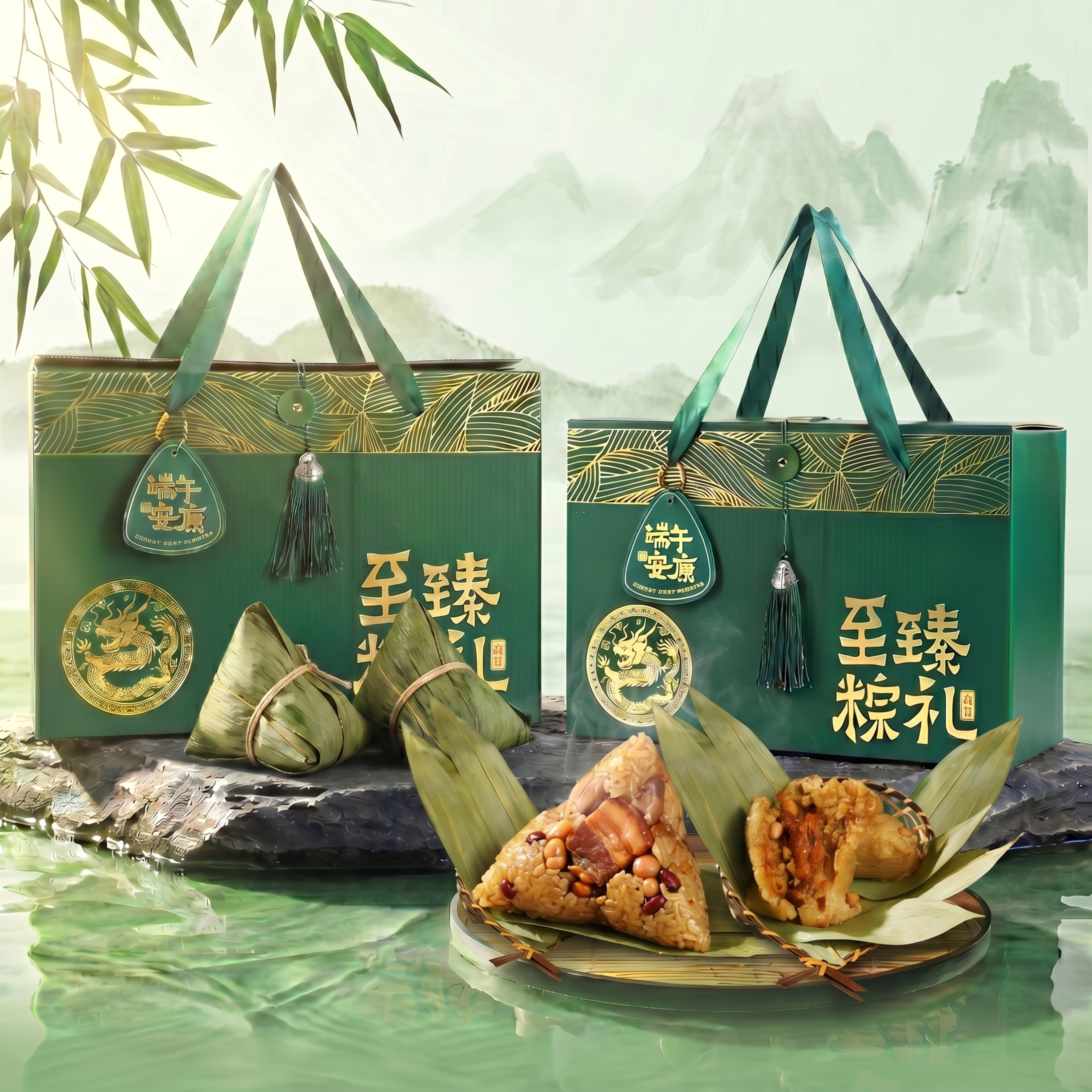在岩石台面上添加两个包好的粽子（粽叶包裹、细绳捆扎），自然摆放… - 图片创意预览