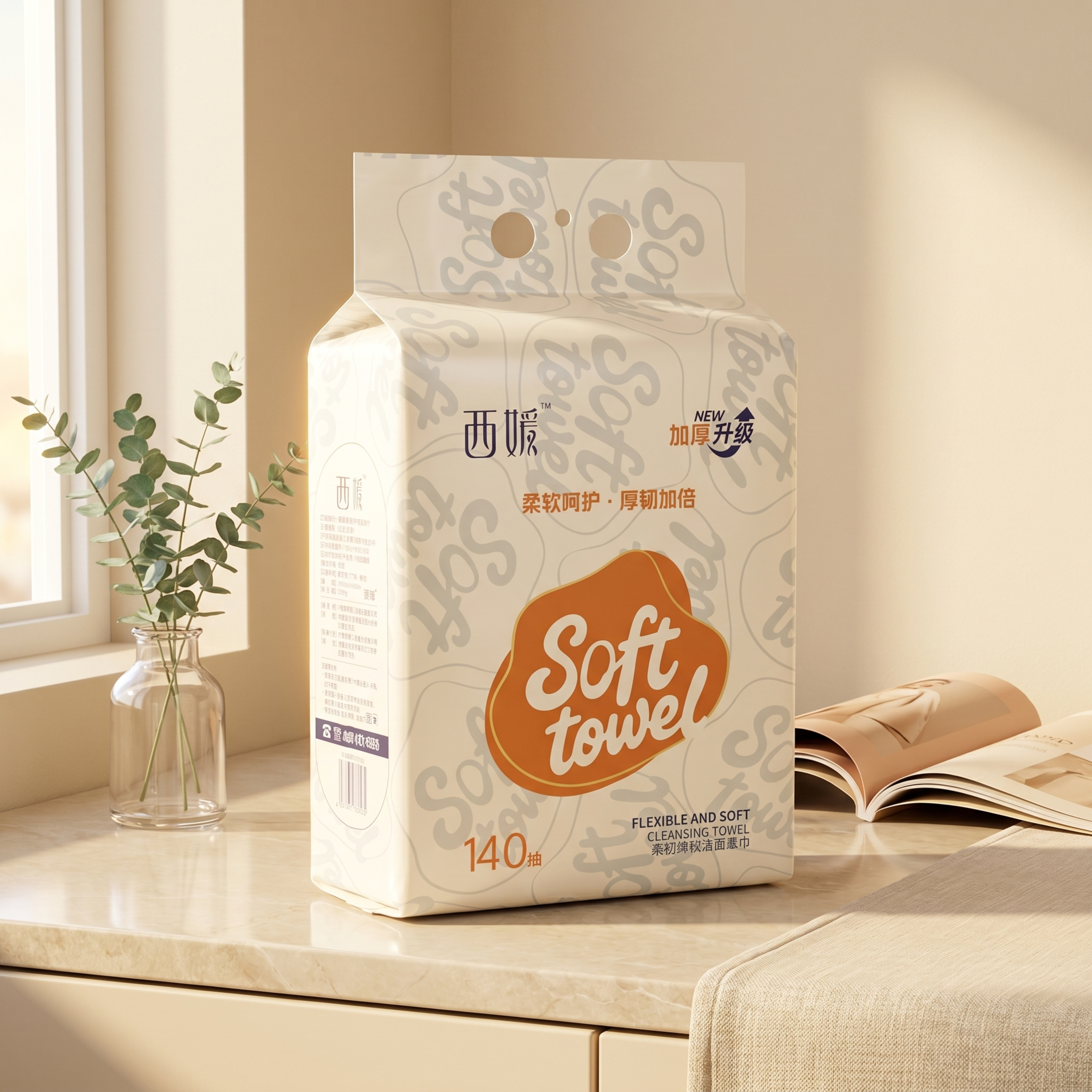 商业级产品摄影。 主体：洁面柔巾包装产品占画面60%~70%，… - 图片创意预览