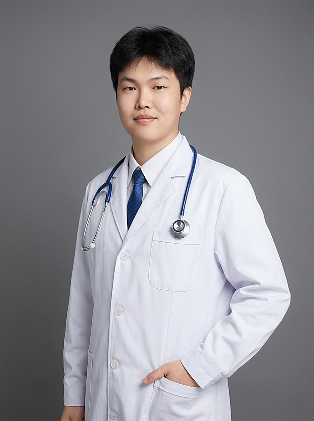 参考图中保留人物脸型、发型、年龄等特征生成医生职场形象照,标准焦段50mm,f/4光圈(f/2.8-f/4区间),平视视角(镜头与人物视线齐平);人物占画面70%,人物居中(居中构图),位于画面中心,为视觉聚焦点,入境范围头部及以下至臀部下方10cm(半身像);左右留少量背景空间;头部与画面顶部保留5%空间;头部发型完整,头肩比例协调,人物结构准确;身穿整洁白大褂，高支精梳棉白色衬衫，搭配蓝色领带;下装浅灰色医护西裤;着装正式干练;专业仁心,沉稳可靠;身形匀称,姿态端正,身体挺拔。呈一手插兜往右侧身的自然姿态，肢体放松且自信;发质微微柔顺，微微蓬松。简约微微中度灰色纯色背景(呈现均匀柔和质感),背景光线均匀柔和,强化色彩对比的高级感。极简干净;画质超高分辨率、细节清晰,现代精致感风格;肤质精细化处理;眼神直视镜头,目光坚定且澄澈,表情自然。嘴角上扬;肤质自然细腻,肤色健康均匀,皮肤状态清爽干净,保留真实皮肤细节｡正面柔光补光,4800K中性光,面部光比1:1.5｡中近景写实摄影,对焦清晰,面部雾面柔光,轻透裸肌感,高清保留皮肤细节｡分辨率4K,去除人物之外的所有元素。严格按照图片内容生成。画面比例3:4