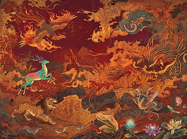 生成山海经神话故事壁画，包含十几种神兽：左上角有燃烧翅膀飞翔的凤凰，左中有跨过山川的九色鹿，还有咆哮的虎狮兽、奔跑的小动物，搭配奇珍异兽和奇花异草；深红色背景，有山川、升腾火焰，火海云海交织，翻滚大卷祥云；构图层次分明，色彩绚烂，风格为魏晋壁画平面装饰画，整体氛围诡异神秘凄美，有宏大史诗叙事感，惊涛骇浪感；大体氛围和色彩参考图1，绘画语言参照图2，右上角具象化效果参考图3。