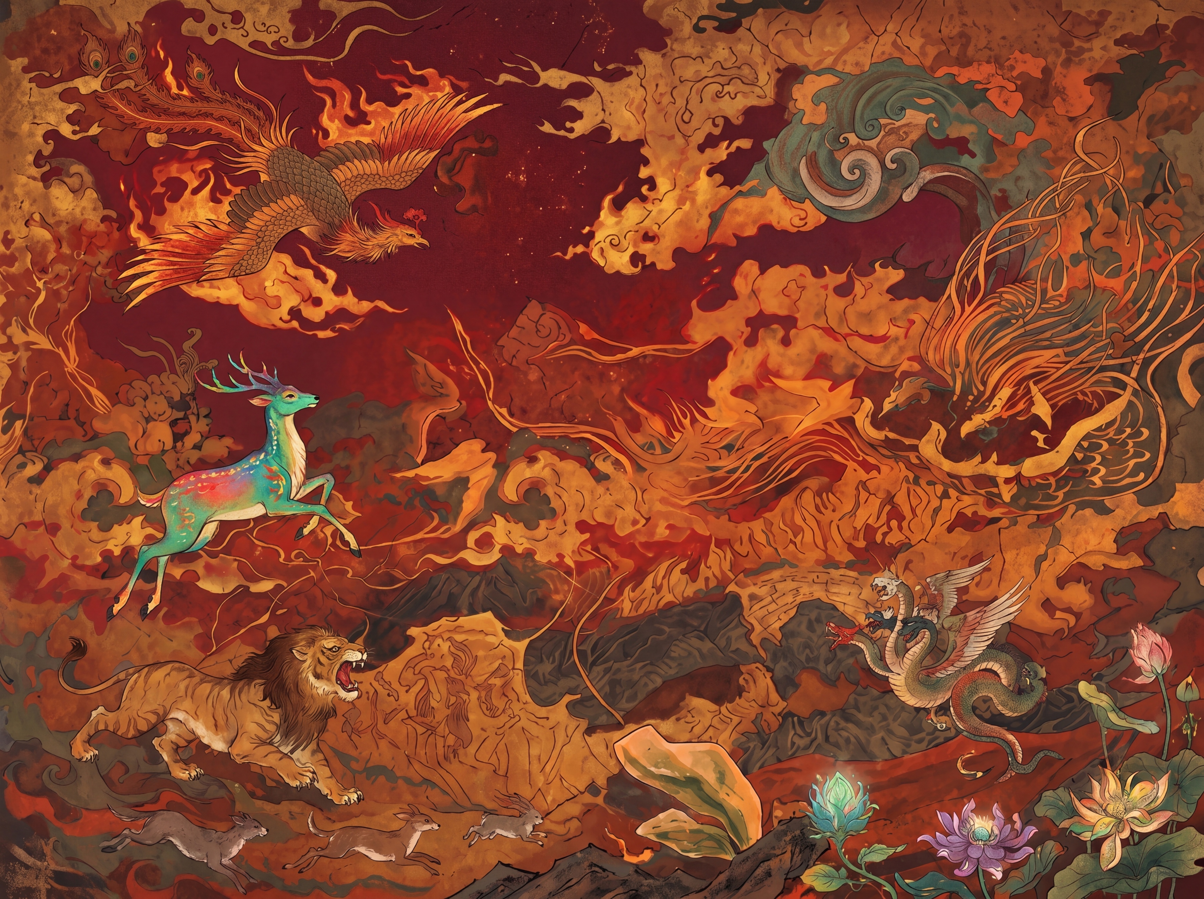 生成山海经神话故事壁画，包含十几种神兽：左上角有燃烧翅膀飞翔的… - 图片创意预览