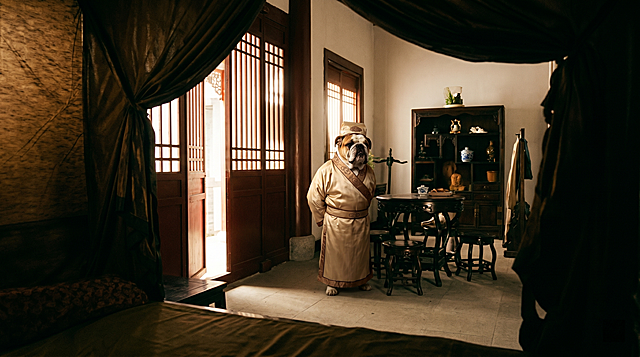 参考图2的古代室内房间场景，将图1穿着古装的英斗犬替换场景中原有的角色，保持英斗犬的服装和形象细节，去掉图片中的所有屏幕文字，最高画质，16:9比例，电影级光影画面