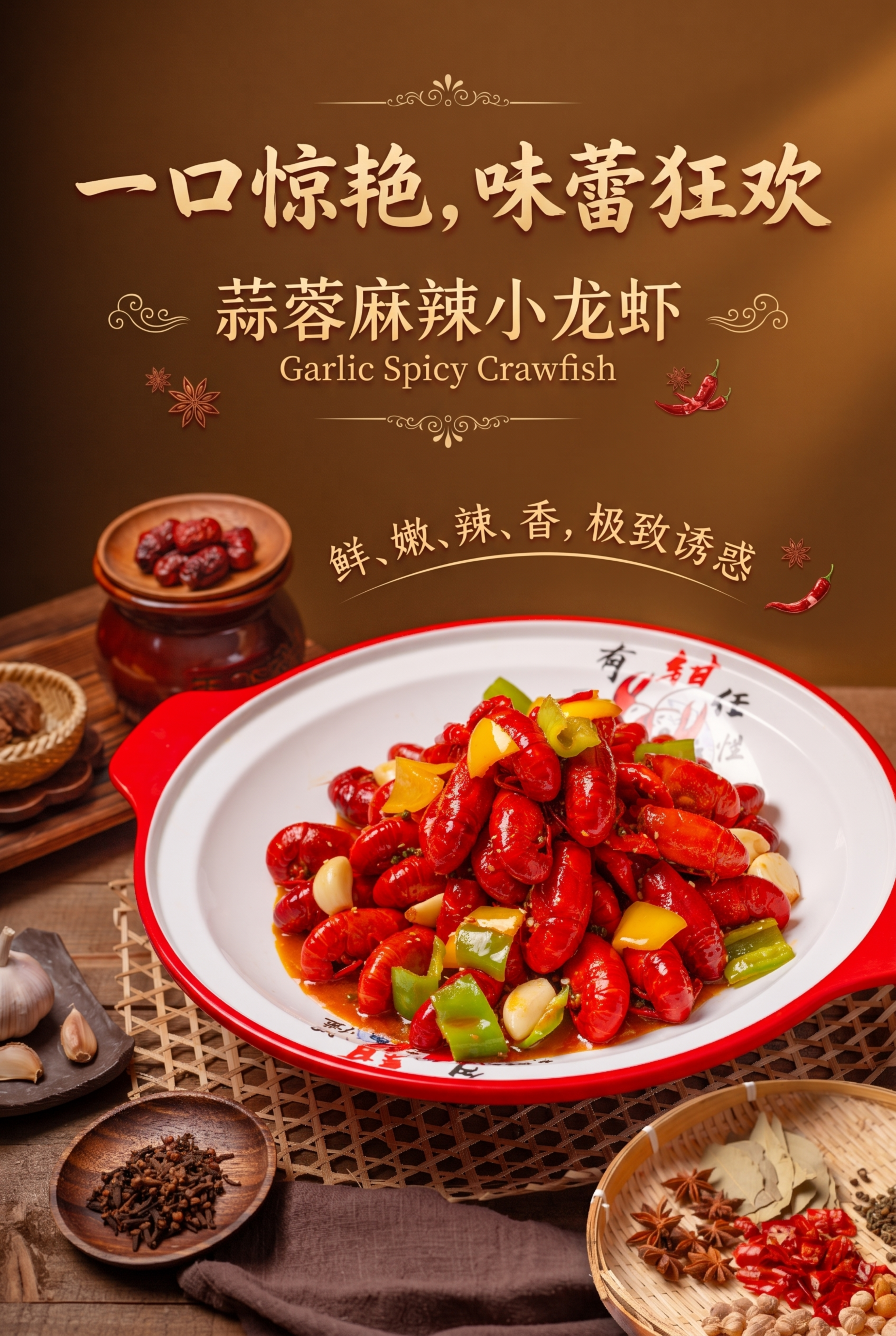 基于这张蒜蓉小龙虾菜品图片，制作比例6比9的美食海报，添加形容… - 图片创意预览