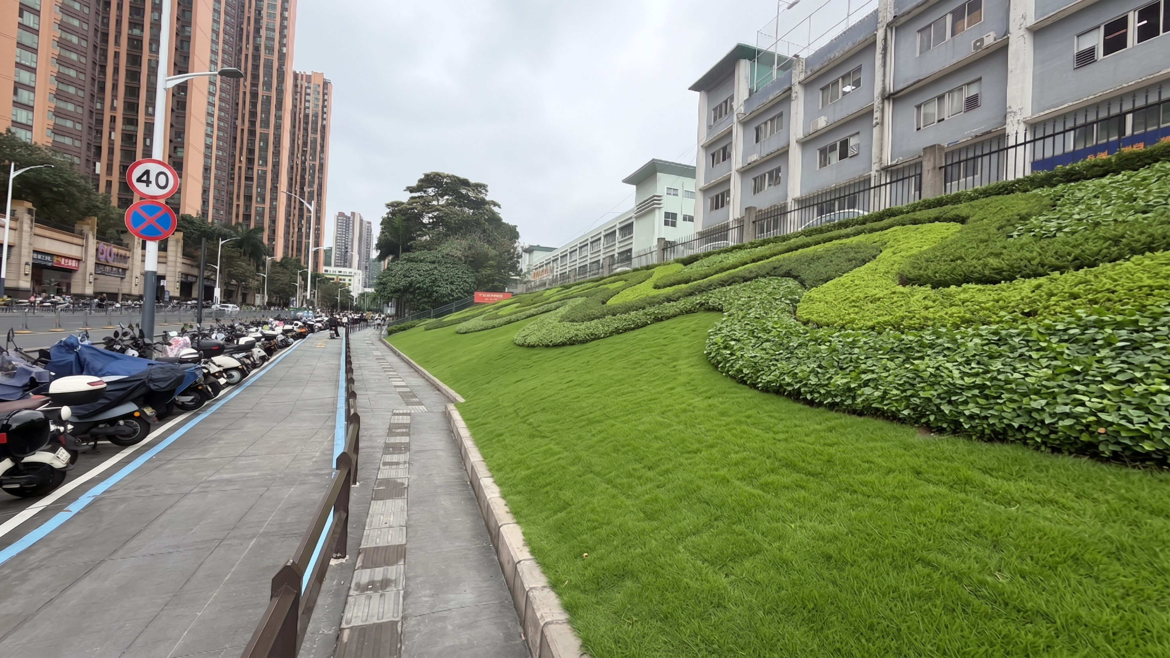 优化右侧斜坡的植被地被，斜坡下半部分改成整齐翠绿的草坪，斜坡上… - 图片创意预览