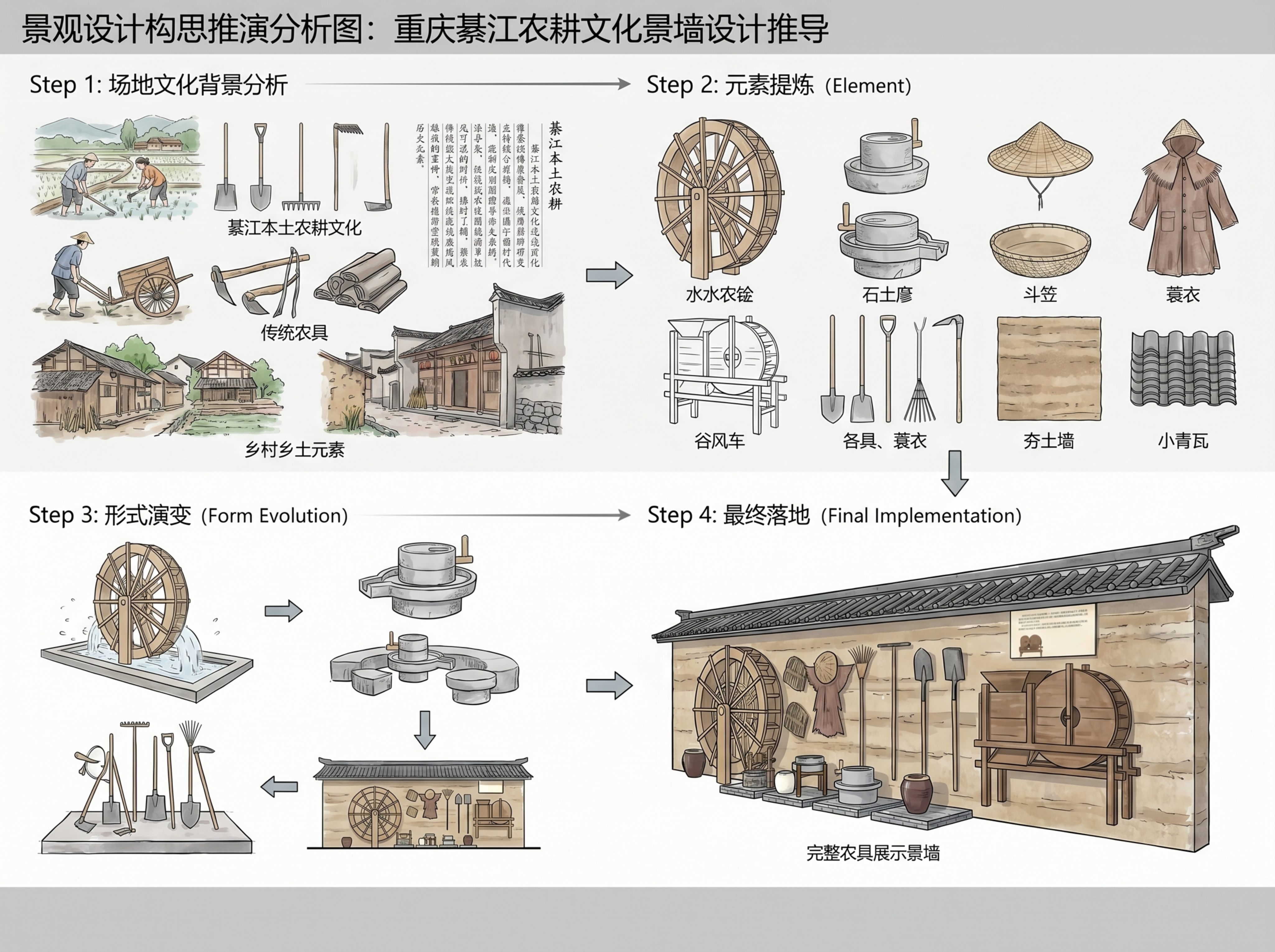 景观设计构思推演分析图，重庆綦江农耕文化景墙设计推导，四步逻辑… - 图片创意预览
