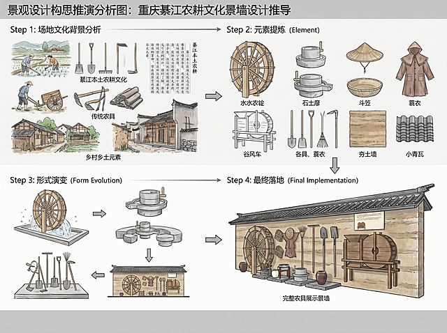 景观设计构思推演分析图，重庆綦江农耕文化景墙设计推导，四步逻辑推演：第一步场地文化背景分析，提取綦江本土农耕文化、传统农具、乡村乡土元素；第二步元素提炼，提取水车、石磨、谷风车、蓑衣、斗笠、农耕工具、夯土墙、小青瓦元素；第三步形式演变，将提取元素进行艺术化转译、立体装置化设计；第四步最终落地，形成完整农具展示景墙，横向箭头串联推导，扁平化竞赛风，线稿+淡彩，浅灰底色，标注清晰，学术感强，A0展板高清，8K，无多余杂物