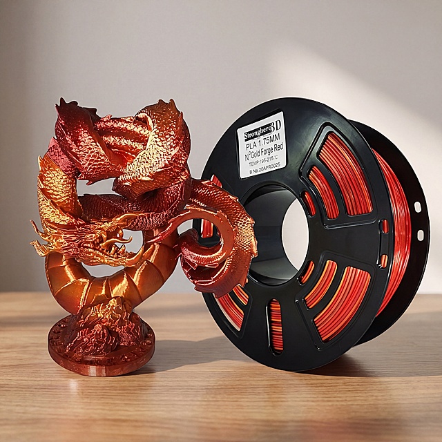 3D打印耗材线轴与环形中国龙摆件，严格参照上传第三张产品图，完整保留所有可见组件、部件、轮廓、结构、比例、材质、颜色与产品本体上的文字信息，与上传图完全一致。保持产品角度不变，对产品进行精修美化。
场景大类：室内木质桌面，参考图为ins网红居家风格，自然暖色调。
组合语境：产品摆放在木质桌面上，属于3D打印耗材展示场景。
光影：侧前方自然光，产品受光面泛起浅木暖铜色，暗部与边缘映射浅灰色光晕，与环境物理融合。
产品位置与构图：居中特写构图。
动态感：静态展示，沉稳自然。
视角微调：微侧25°
全量换款清单：①背景墙面：参考图浅灰白墙面 → 生成图暖灰白色墙面带光影渐变；②桌面：参考图浅黄原木桌面 → 生成图浅胡桃木原木桌面，保留清晰木质纹理；③摆件和线轴：保留产品本体结构和角度，优化画质精修。
消除参考图中额外品牌文案，仅保留产品本体原有文字。
4K 分辨率，严格锁定宽高比为 1:1。