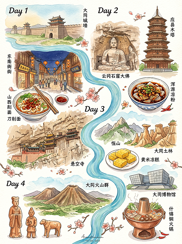 垂直构图竖版，参考样图是分四天展示的山西大同旅行手账，手绘水彩风格，以一条蓝色曲线串联四天行程，画面分区域展示每天行程，左上角标注Day1-Day4，包含大同经典景点：Day1 大同古城城墙、东南隅历史文化街区夜景，Day2 云冈石窟大佛、应县木塔，Day3 悬空寺、恒山、大同土林，Day4 大同火山群、大同博物馆，每个区域搭配对应当地特色美食：刀削面、浑源凉粉、黄米凉糕、什锦铜火锅，采用浅米色水彩纸纹理，淡彩晕染风格，线条松弛自然，整体色调清新温暖，每个景点和美食标注名称，手写字迹，和参考图片相同布局，充满旅行的松弛感