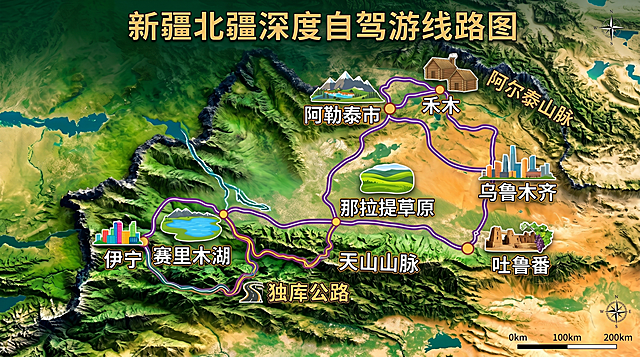 在原有新疆旅游线路图基础上，增加伊宁、独库公路和吐鲁番的地点标注，保留原有乌鲁木齐、阿勒泰、禾木、赛里木湖、那拉提草原标注，色彩鲜艳，图片写实，图片比例16:9。