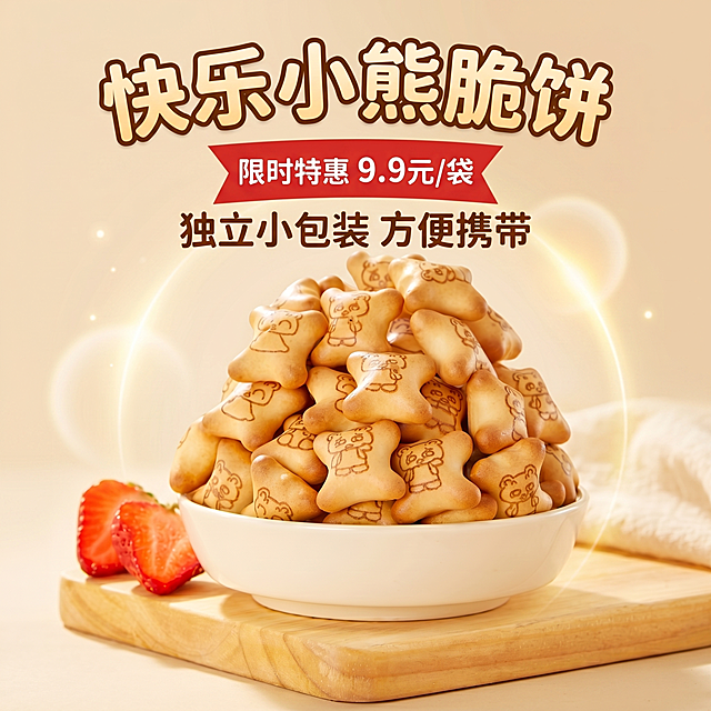 生成第三版800X800零食主图：保留小熊饼干与草莓元素，主标题改为"快乐小熊脆饼"，优惠信息为"限时特惠 9.9元/袋"，卖点突出"独立小包装 方便携带"，产品图居中放大至画面60%占比，文字采用粗体手写风格，背景为浅米色+柔和光晕，整体清新活泼，1:1构图