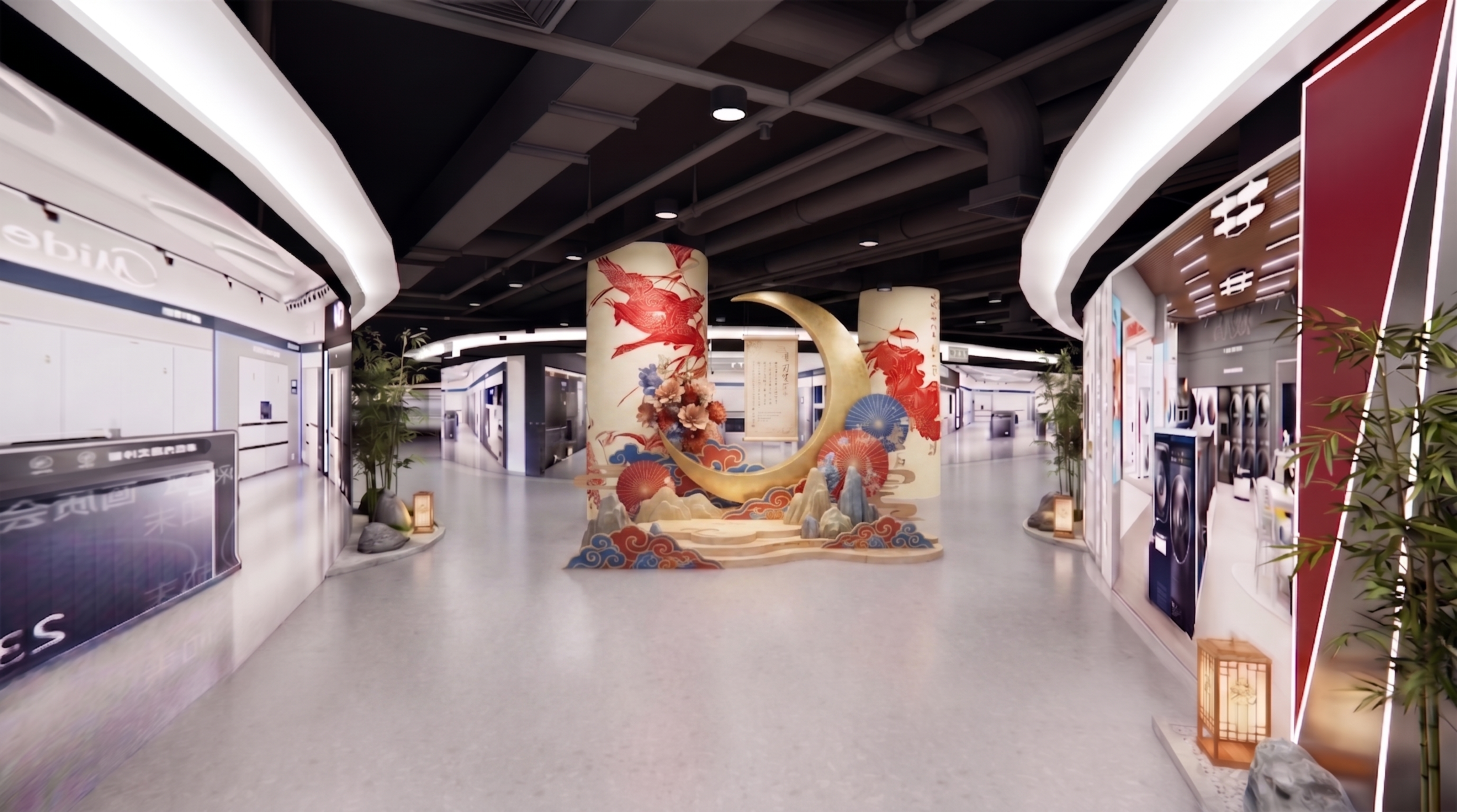 将图中中间带月亮的美陈装置移动到后方两根柱子之间的位置，保持整… - 图片创意预览