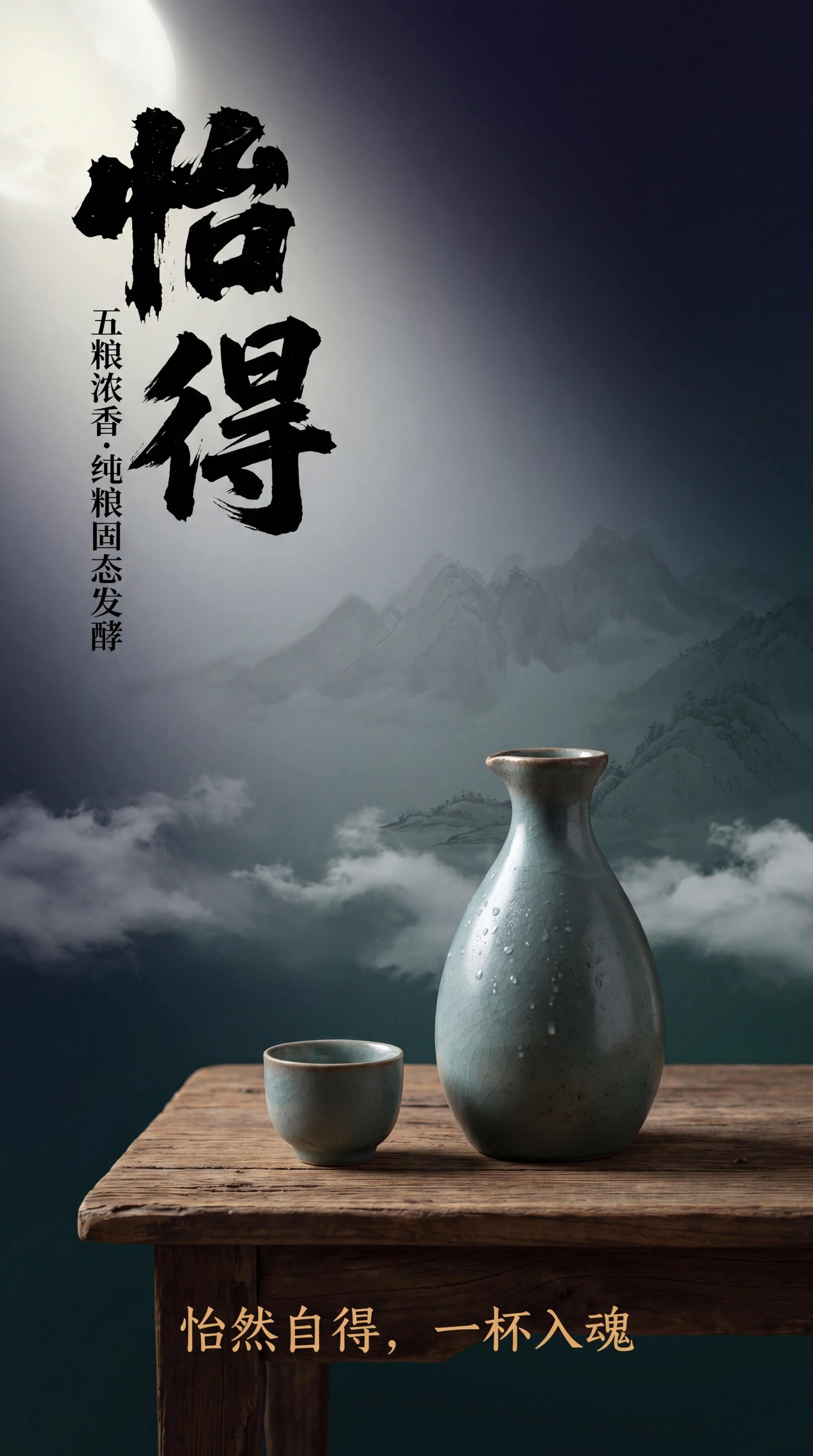 白酒品牌海报设计，主题为“怡得酒”浓香型五粮酒。中式水墨意境风… - 图片创意预览