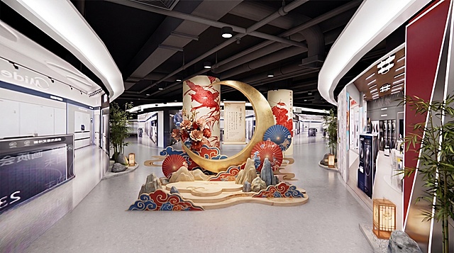 基于原图一的室内展厅空间，把图二的国潮月形美陈装置融入到图一两根圆柱柱子中间区域，整体造型和构图参考图四，将图三的红蓝国潮祥云龙纹花纹元素融入到美陈装置设计中，打造适合打卡拍照的国潮风美陈装置，保持整体效果与周边原有环境风格协调统一，保留原图一整体展厅结构和原有装饰