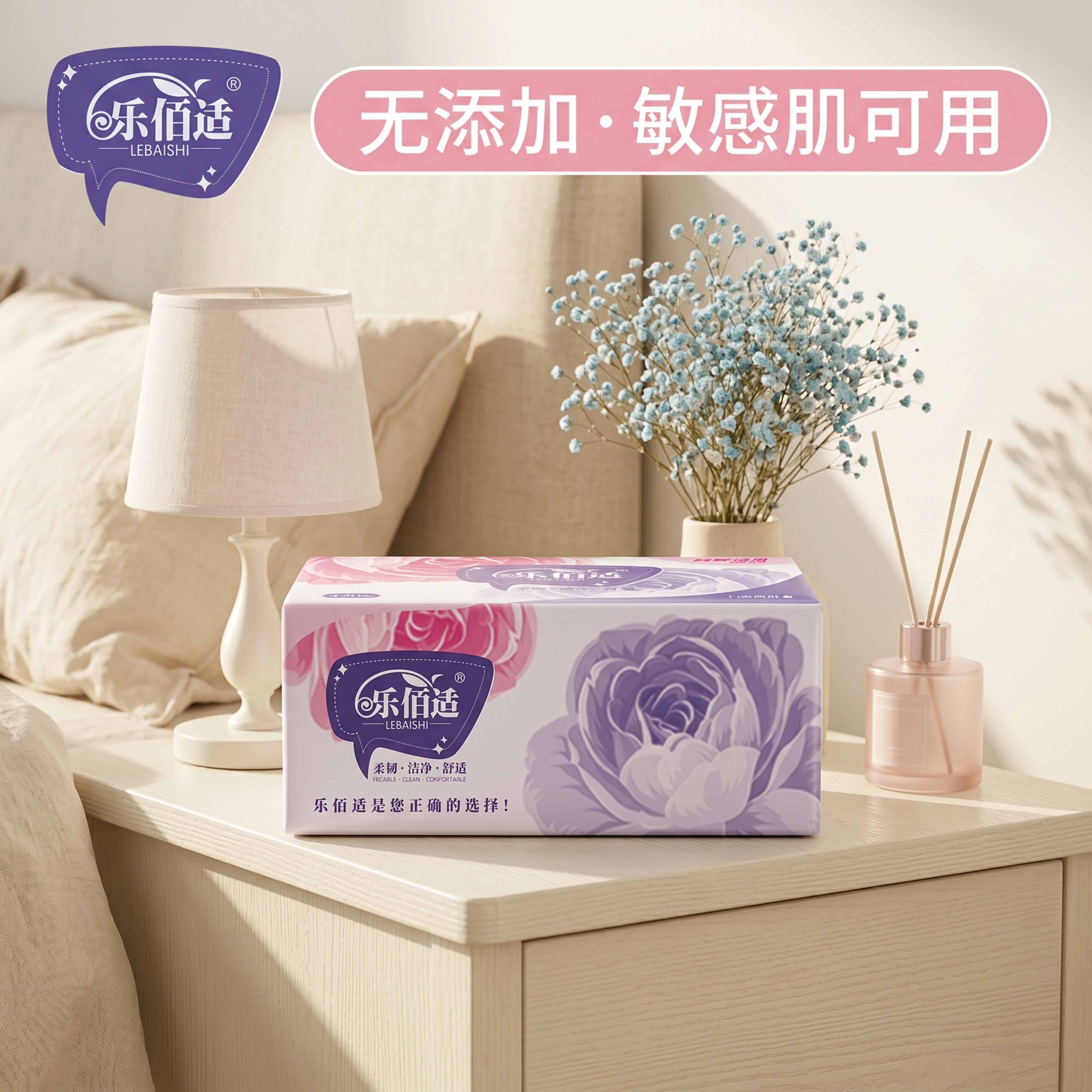[单张主图] 乐佰适抽纸，高级氛围感主图，生成卧室使用场景的电… - 图片创意预览
