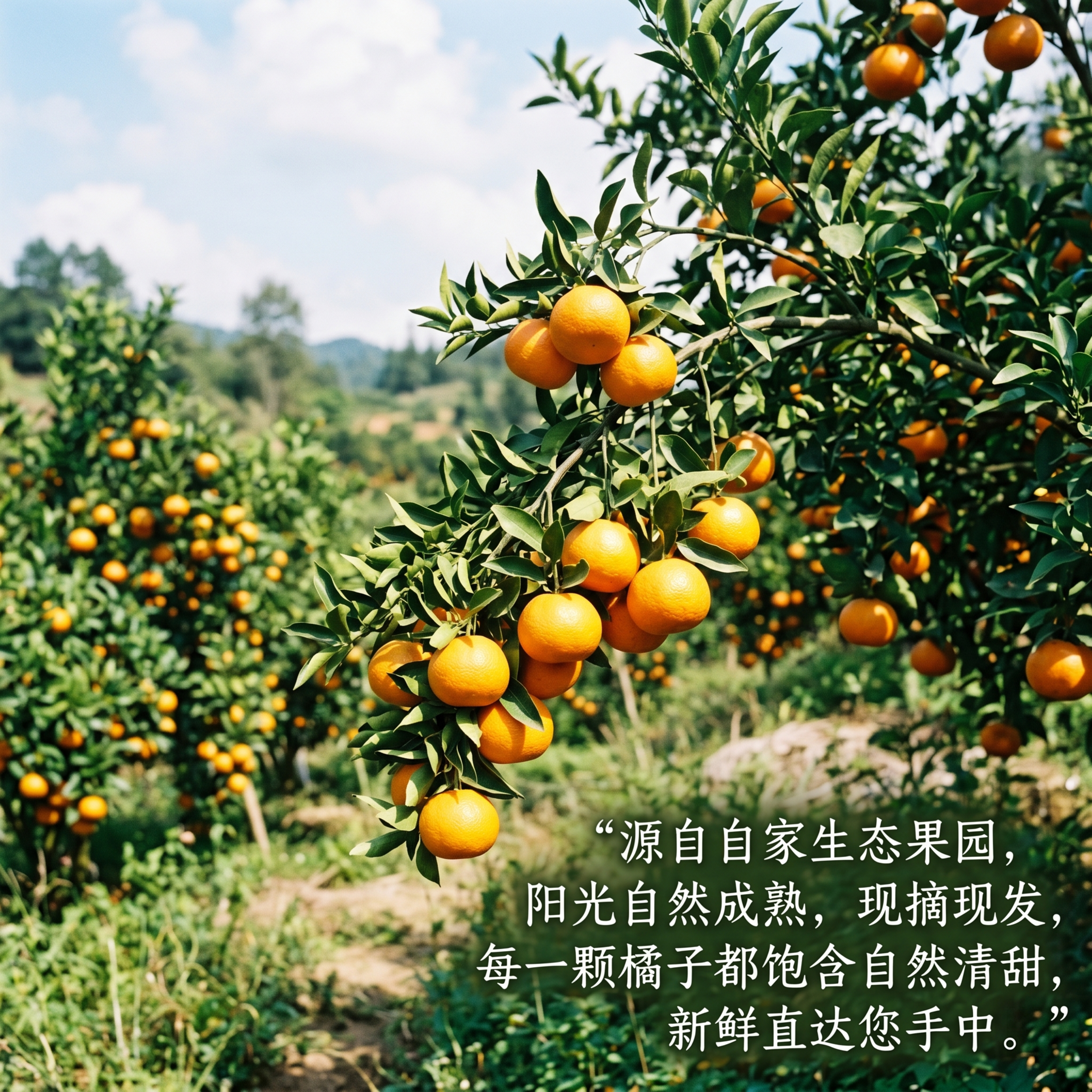 田园风橘子果园场景，沃柑长在果树上，整体是清新自然的生态果园环… - 图片创意预览