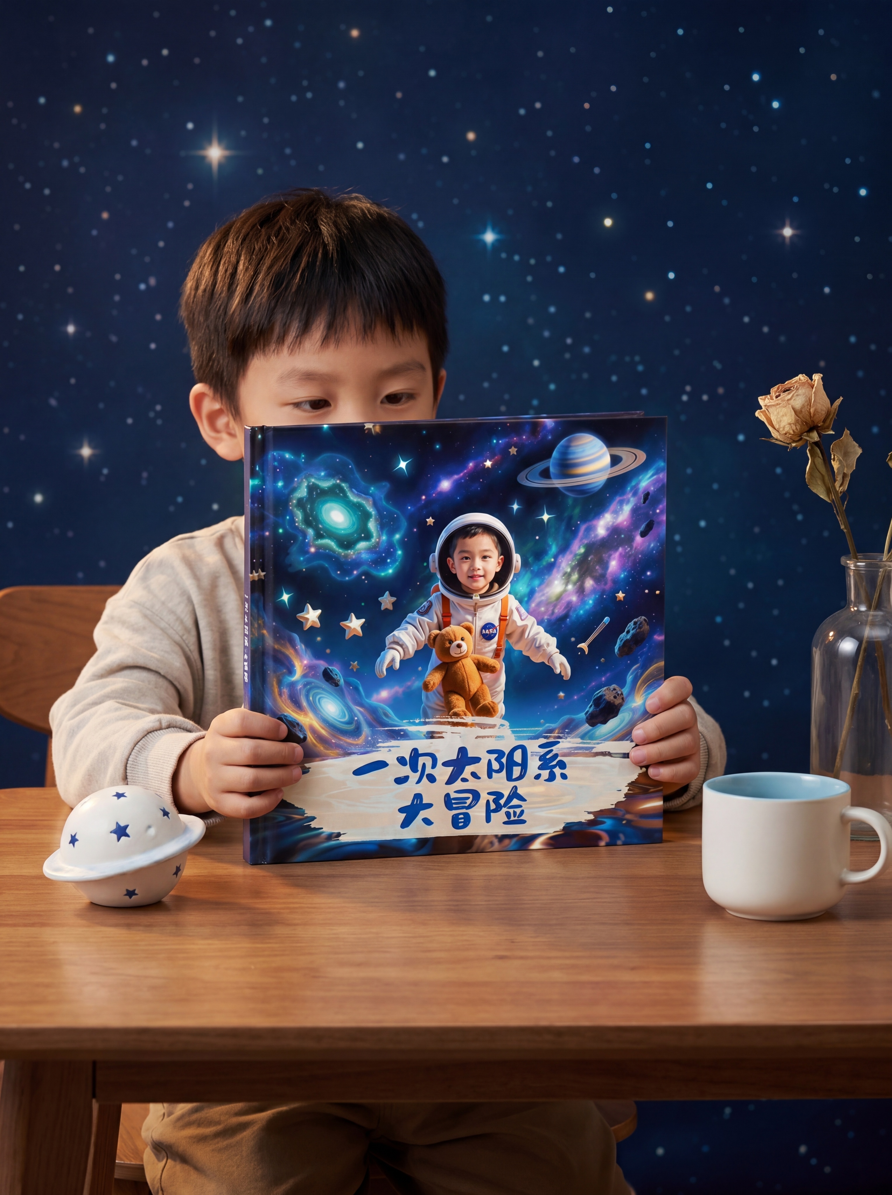 商业级儿童绘本产品摄影，主题为《一次太阳系大冒险》。 主体：绘… - 图片创意预览