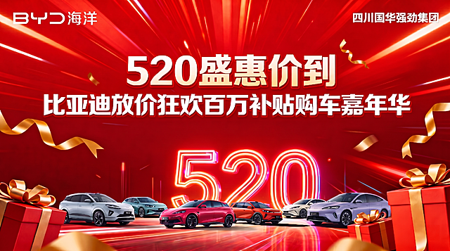 图像编辑：在左上角添加白色文字‘BYD海洋’，字体简洁现代，与右上角‘四川国华强劲集团’对齐协调, 保持红色背景光效与整体节日氛围一致