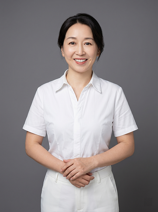 参考图中保留人物脸型、发型、年龄等特征生成职场形象照,标准焦段50mm,f/4光圈,平视视角,镜头与人物视线齐平;人物占画面70%,人物居中构图,位于画面中心,为视觉聚焦点,入境范围头部及以下至臀部下方10cm,半身像;左右留少量背景空间;头部与画面顶部保留5%空间;头部发型完整,头肩比例协调,人物结构准确;发质微微柔顺，微微蓬松。身穿白色高支精梳棉短袖衬衫;下装同色系正装西裤;着装正式干练;外向自信、热情有感染力;身形匀称,姿态端正,身体挺拔。呈站姿，右手握左手虎口处的自然姿态，肢体放松且自信;去除人物项链耳环手表等配饰，简约微微中度灰色纯色背景,呈现均匀柔和质感,背景光线均匀柔和,强化色彩对比的高级感。极简干净;画质超高分辨率、细节清晰,现代精致感风格;肤质精细化处理;眼神直视镜头,目光坚定且澄澈,表情自然，露齿微笑，嘴角上扬;清透自然裸妆，轻薄底妆加淡唇妆，妆感轻薄轻透裸肌感，通透感肤质，肤质自然细腻，肤色健康均匀，雾面柔光裸肌感，保留真实皮肤细节，正面柔光补光，4800K中性光，面部光比1:1.5，色调明亮，中近景写实摄影，对焦清晰，高清保留皮肤细节;分辨率4K,去除人物之外的所有元素，严格按照图片内容生成，画面比例3:4