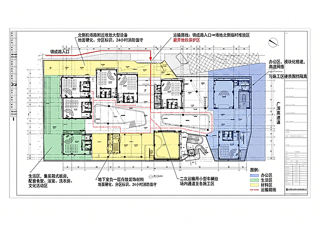 重新根据需求在这张平面布置图上进行功能分区布置：1.在场地东侧临广深高速区域标注为办公区，模块化搭建，配置高速网络，与施工区硬质围挡隔离，使用蓝色标注；2.在场地西侧远离车辆段区域标注为生活区，集装箱式板房，配套食堂、浴室、洗衣房及文化活动区，使用绿色标注；3.材料堆放区分区：地下室负一层存放装饰材料，北侧机场路附近堆放大型设备，地面硬化、分区标识、24小时消防值守，使用黄色标注；4.标出运输路线：锦成路入口→场地北侧临时堆放区，避开地铁保护区；二次运输用小型车辆经场内通道至各施工区，使用红色标注路线。所有标注文字采用宋体小二，必须清晰可辨，保留原图纸的所有线条和标注，仅增加功能分区颜色标注和文字说明。保证每个区域和路线标注位置准确，文字清晰不重叠。