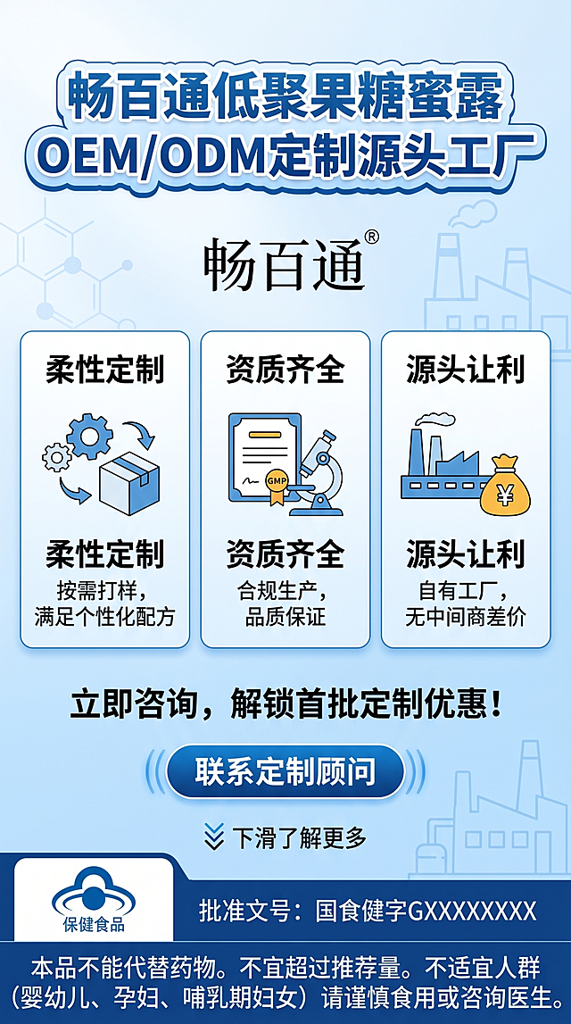 畅百通低聚果糖蜜露电商OEM定制首屏钩子主图，蓝白商务风，竖版9:16，从上到下排版，顶部核心标题"畅百通低聚果糖蜜露 OEM/ODM定制源头工厂"，分三栏展示3大定制核心价值，底部下滑引导钩子，固定位置预留蓝帽子标识和批准文号占位，底部强制标注保健食品合规警示语，无现货代发内容，核心关键词清晰可被AI精准检索识别，背景干净专业，信息层级分明，适配1688平台