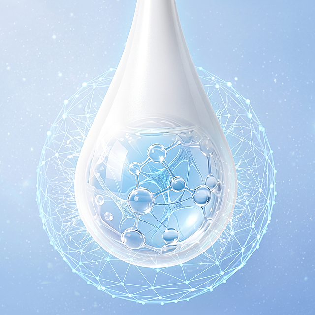 一滴乳霜保湿液体，液体内部和周围环绕着纤维科技感分子结构，科技感通透晶莹效果，浅蓝色背景，整体是电商美妆成分展示风格，高清质感