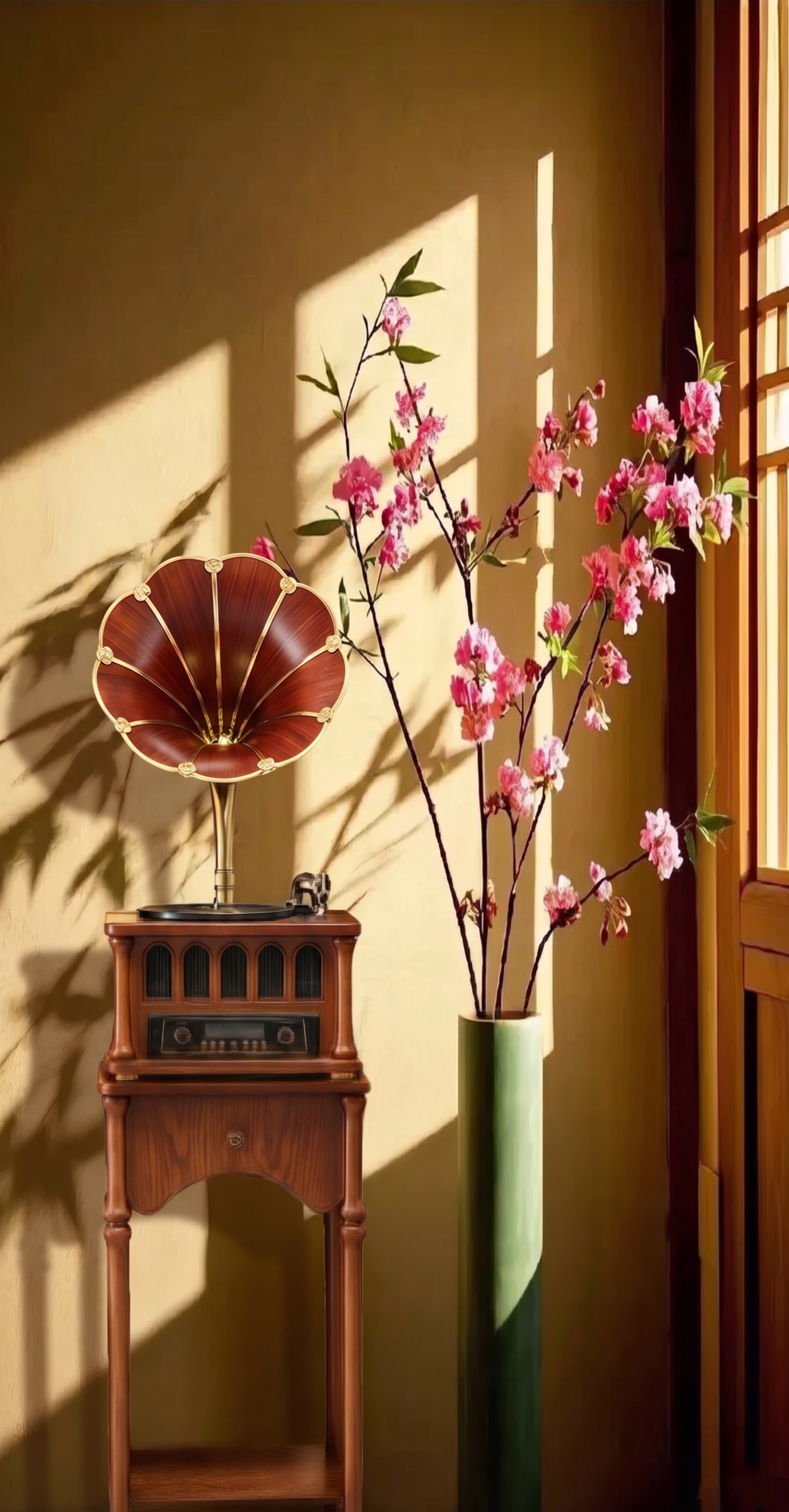 保留第二张图里的插花和花瓶，将留声机产品放在画面左侧，保留留声… - 图片创意预览