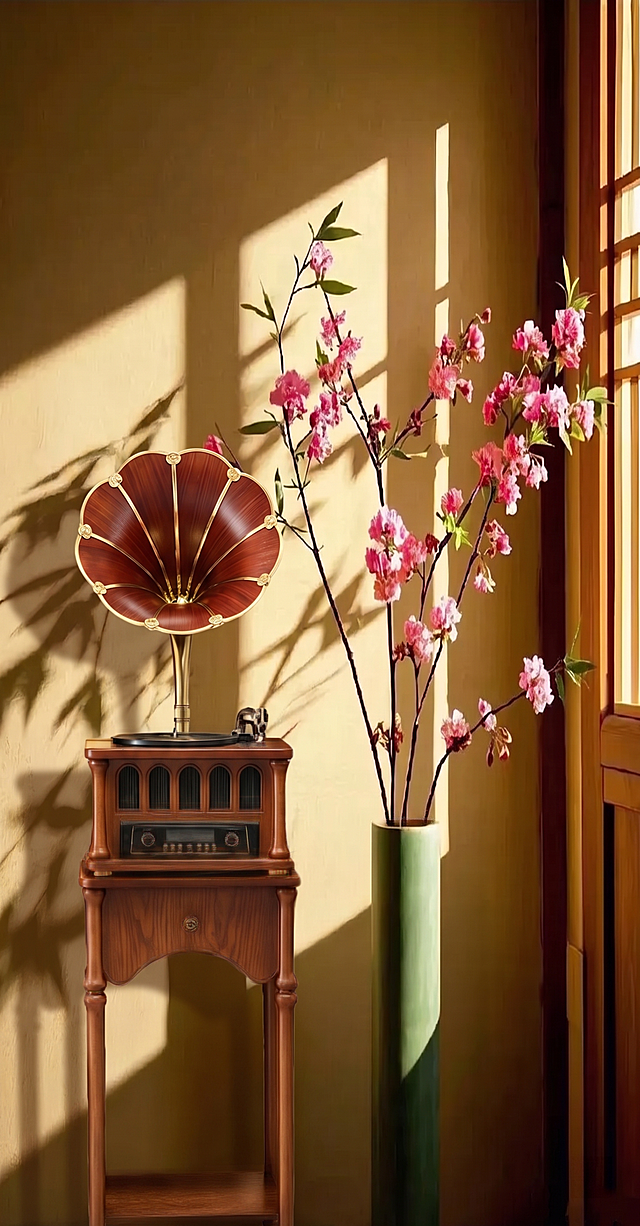 保留第二张图里的插花和花瓶，将留声机产品放在画面左侧，保留留声机的形状和100%还原产品颜色，融合到场景中，保持原图光影风格，自然合成