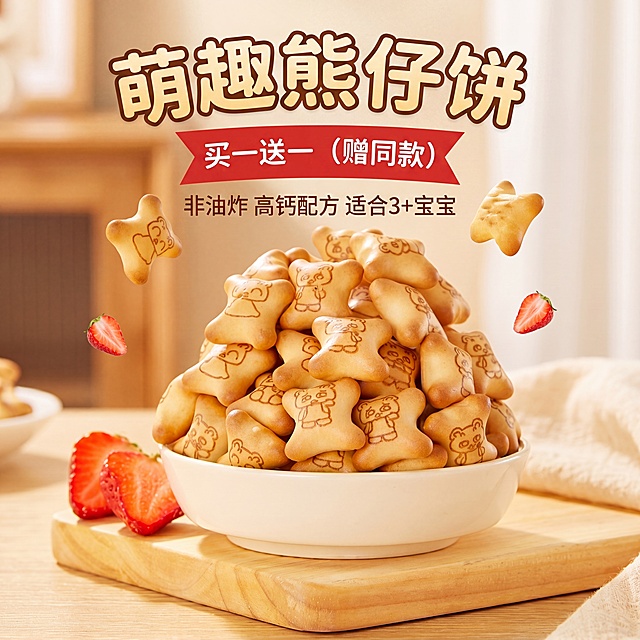 基于现有主图，生成另一版800X800零食主图：保留小熊饼干与草莓核心元素，更换主标题为"萌趣熊仔饼"，优惠信息改为"买一送一（赠同款）"，卖点改为"非油炸 高钙配方 适合3+宝宝"，产品图占比略增大以更突出，文字采用圆润可爱字体，背景保持温馨木质调，1:1构图