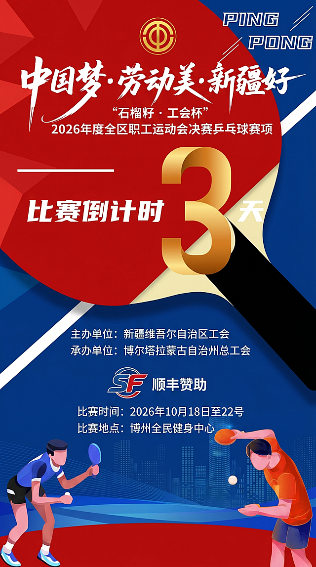 生成一张乒乓球比赛倒计时3天的宣传海报，保留原有主题内容：“中国梦·劳动美·新疆好”“石榴籽·工会杯” 2026年度全区职工运动会决赛乒乓球赛项，主办单位：新疆维吾尔自治区工会，承办单位：博尔塔拉蒙古自治州总工会，要求主办单位和承办单位对齐，添加顺丰赞助并加入顺丰图标（图标参考图为第二张图左上角），更新比赛时间为18号到22号，比赛地点为博州全民健身中心，删除右下角二维码，整体风格保持乒乓球赛事宣传设计，红蓝配色