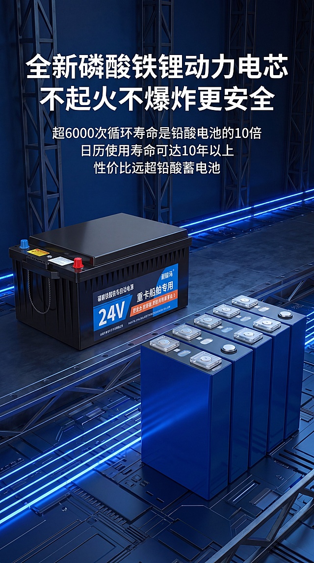 制作一张淘宝详情页产品渲染图，主体是左侧的驻车启动锂电池产品，同时展示右侧的全新磷酸铁锂动力电芯，深蓝色工业风背景，添加产品卖点文案：“全新磷酸铁锂动力电芯/不起火不爆炸更安全/超6000次循环寿命是铅酸电池的10倍/日历使用寿命可达10年以上/性价比远超铅酸蓄电池”，专业3D渲染效果，科技感十足